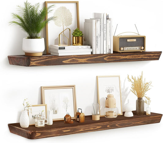 36"x6.8"x1.6" Slanted Floating Wall Shelves 2-Pack - Rustic Brown Finish, Heavy-Duty Solid Wood Design with Hidden Brackets - Perfect for Living Room, Kitchen, Bathroom, or Office