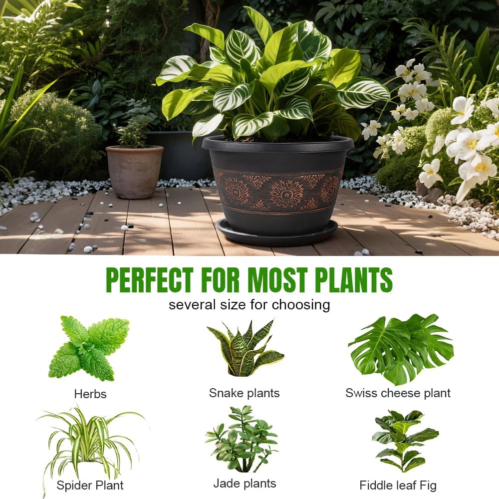 4 Pack 12 inch Plant Pots, Retro Pattern Planters with Drainage Holes and Saucer, Sturdy Plastic Garden Flower Pots for Indoor & Outdoor Plants