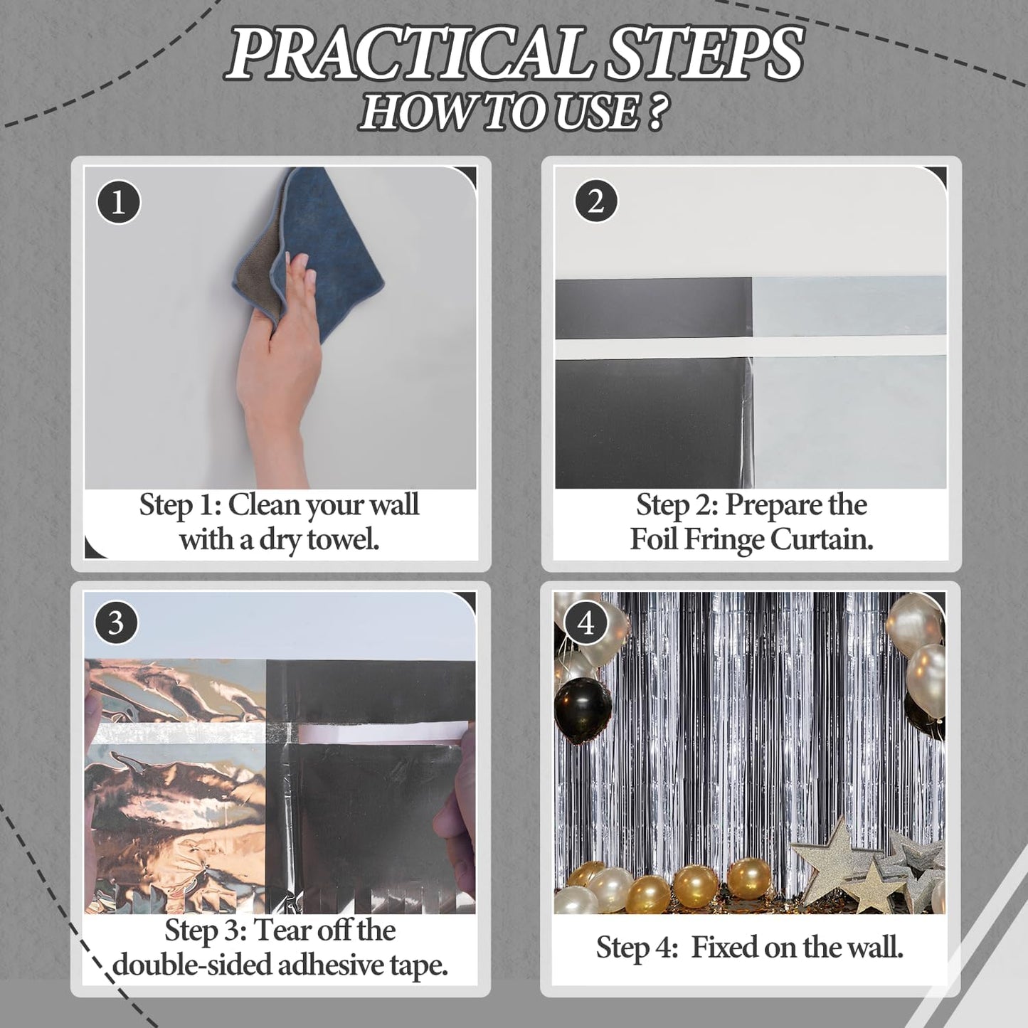 3 Pack Foil Fringe Backdrop - Black&Silver Shiny Tinsel Curtains for Party Decoration/Photo Booth Props - 3.3x8.2 FT Metallic Foil Backdrop for Birthday, Wedding, Graduation, Christmas.