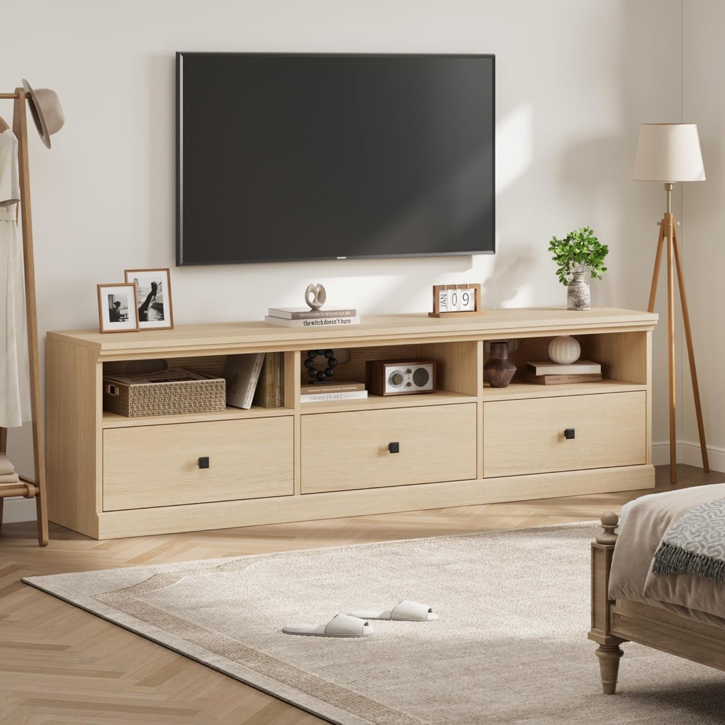 IDEALHOUSE 70in TV Stand for TVs up to 80", Mid Century Modern Entertainment Center with Storage Drawer and Open Shelves, TV Console Media Cabinet for Living Room, Bedroom (Light Oak)