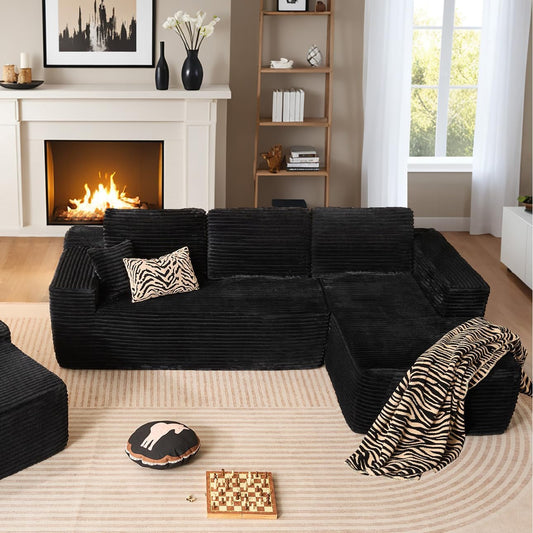HOOOWOOO Cloud Sectional Couches for Living Room,Modular Sectional Sofa No Assembly,Plush Corduroy Large Floor Couch Furniture Set with Deep Seat Right Chaise L Shape(Black)
