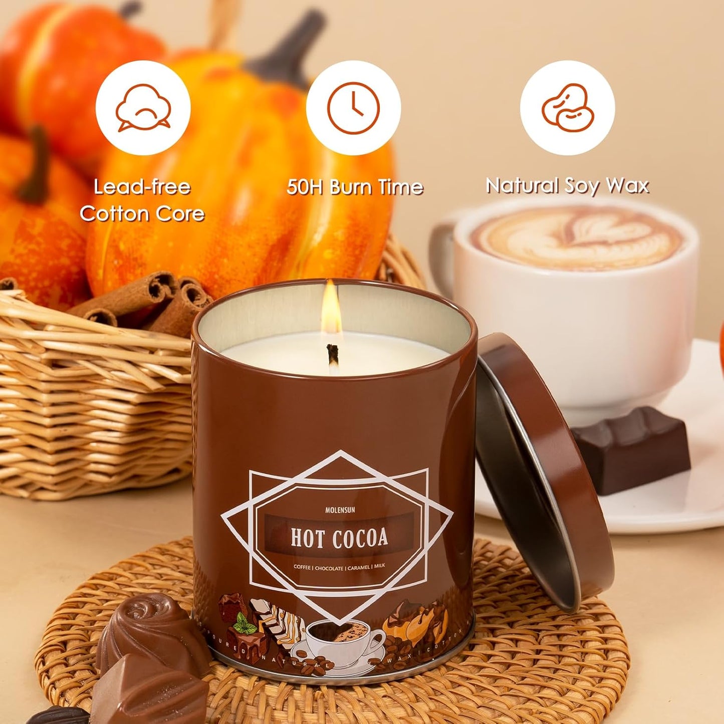 Hot Cocoa Fall Scented Candle – 9 oz Soy Wax in Travel-Friendly Reusable Tin, Non-Toxic & Clean Burning, 50-Hour Burn – Cozy Autumn Fragrance, Holiday Gift & Fall Decor for Women & Men