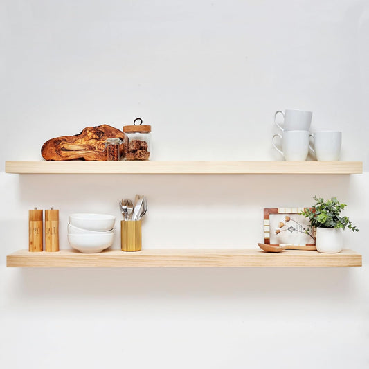 Homeforia Wood 48 inch Floating Shelf, High End Solid Natural Wood 48inch Floating Shelves for Wall Mounted, Unfinished Wooden Large Floating Shelves, Heavy Duty Bracket, 48 X 6.5 X 1.75 in, Set of 2