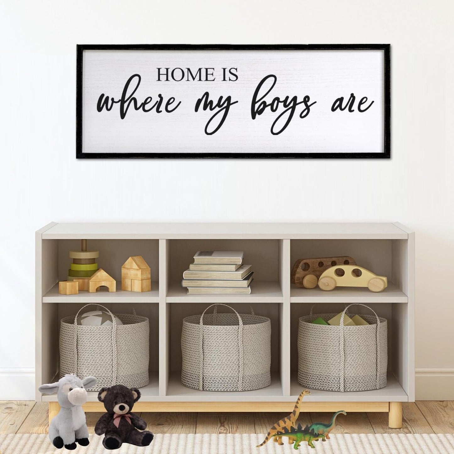 Home is Where My Boys are Sign Framed Wall Art, 40''×15'' Rustic Horizontal My Son Plaque with Black Frame for Baby Kid Boy Son Teen Toddlers Room, Horizontal Mom of Boys Gifts Nursery Decor