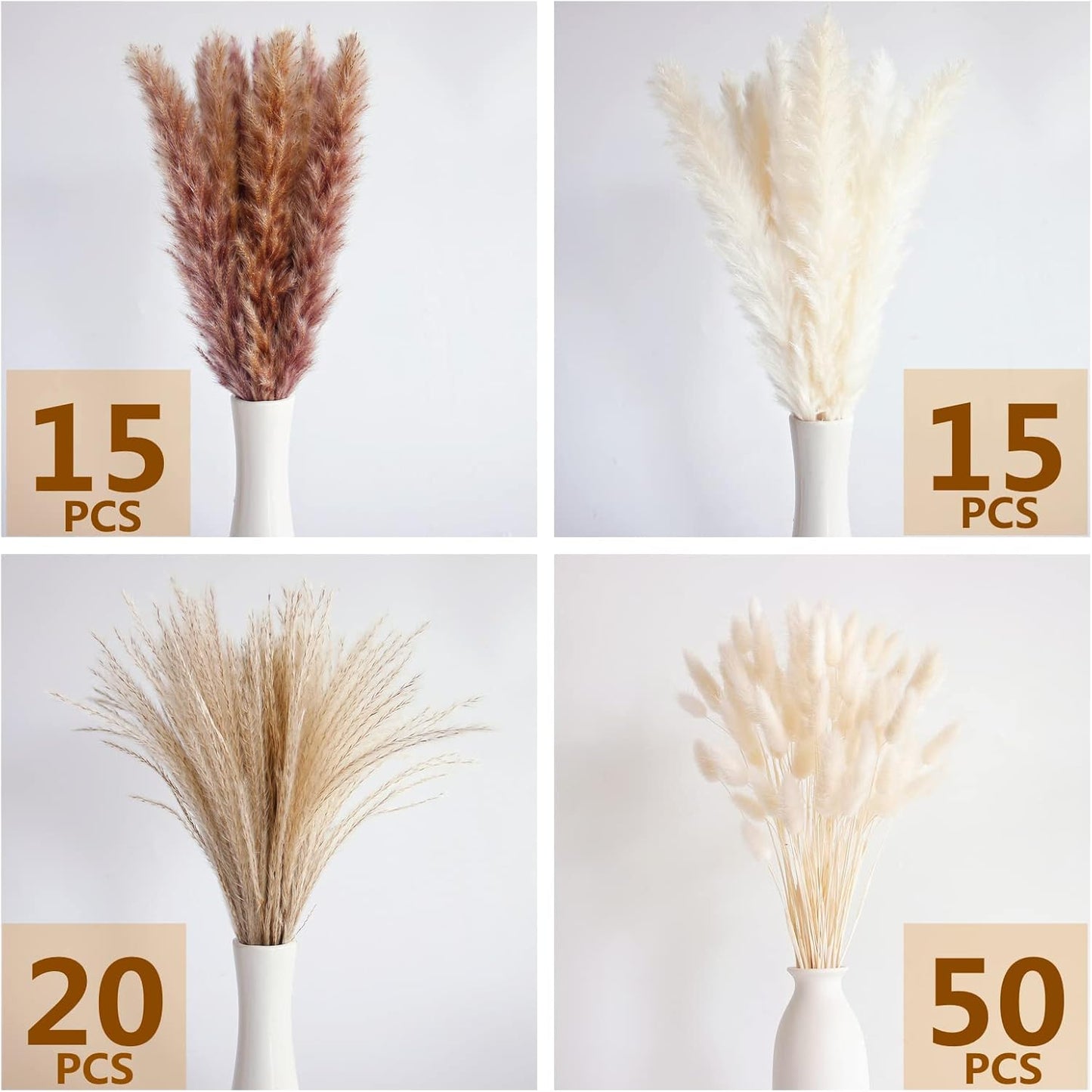 100 PCS Dried Flowers Pampas Grass Bouquet, Boho Table Decor, Bunny Tails Dried Flowers, Brown Pompas, White Pampas Grass for Wedding, Home, Rustic Party, Baby Shower Decorations