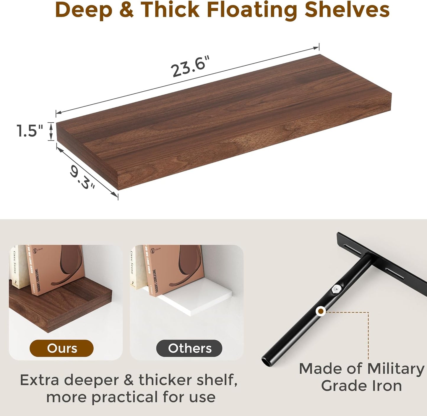 24 x 9 Floating Shelves, 9 Inch Deep Floating Shelf Wall Mounted, 24 Inch Bathroom Shelves Set of 2, Rustic Wood Wall Shelf for Bedroom, Living Room, Walnut Color