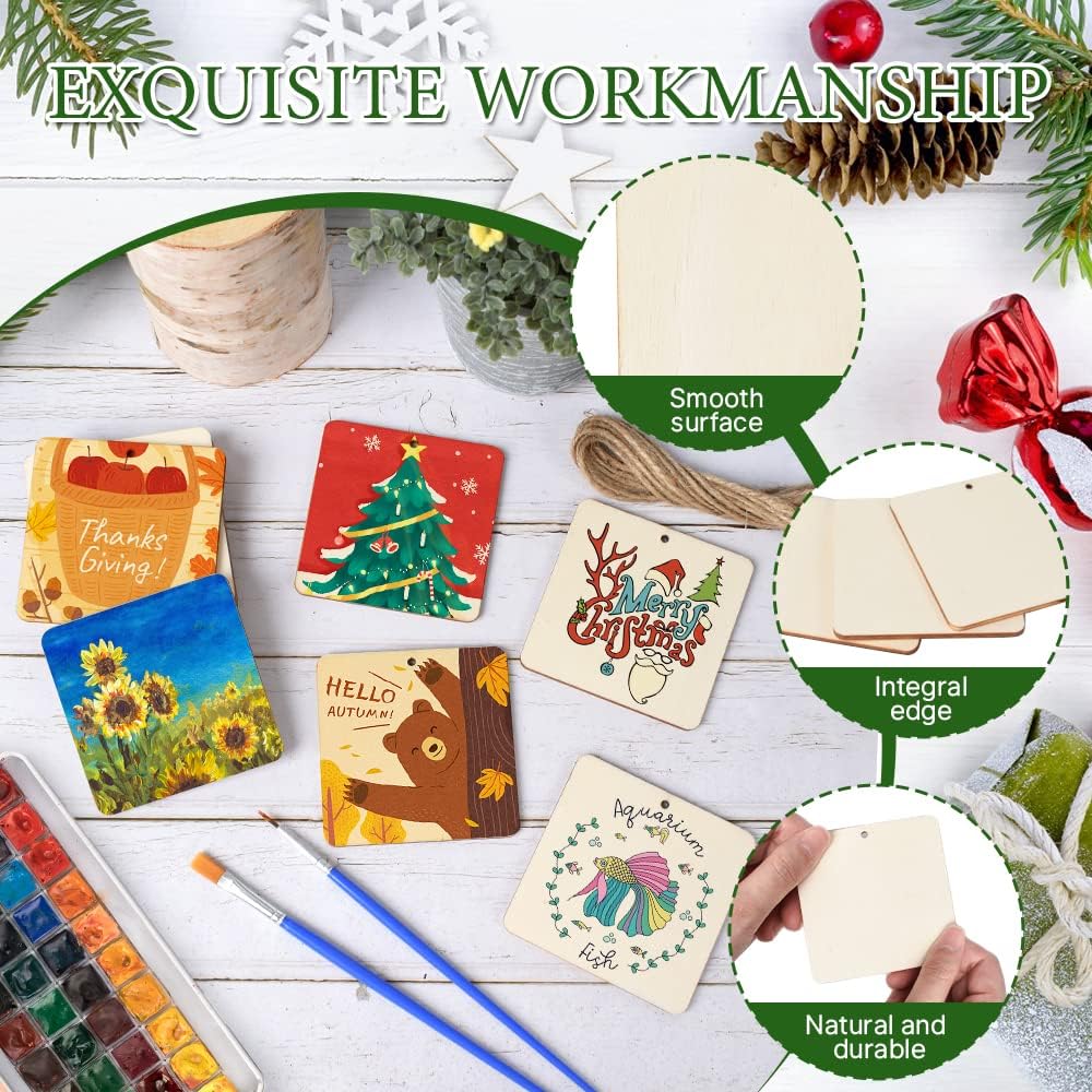 50 Pcs Square Wooden Tags, 3x3 Inch Unfinished Square Wood Slices Blank Square Wooden Slices with Holes, with Jute Twines for Sign Tags Home Party Hanging Decoration