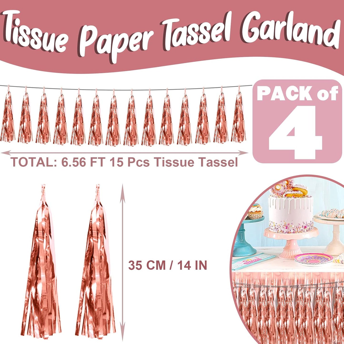 4P Rose Gold Foil Fringe Metallic Tassel Streamers Banner Tassel Garland for Parade Floats, Bachelorette, Wedding, Birthday, Halloween, Christmas, Bridal/Baby Shower Party Decorations