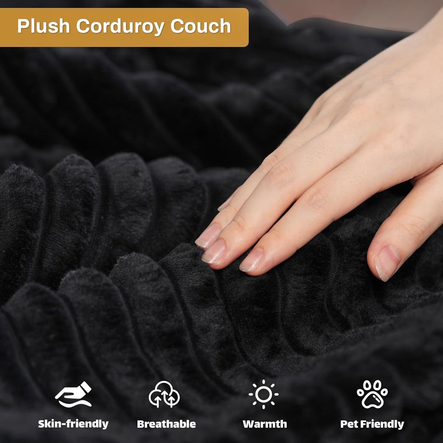 HYJT-H&K Modular Sectional Sofa Cloud Secttional Couch, 132" Comfy U Shaped Couches for Living Room, Deep Seat Memory Foam Fluffy Plush Corduroy Boneless Couch Sectionals with Chaise, Black