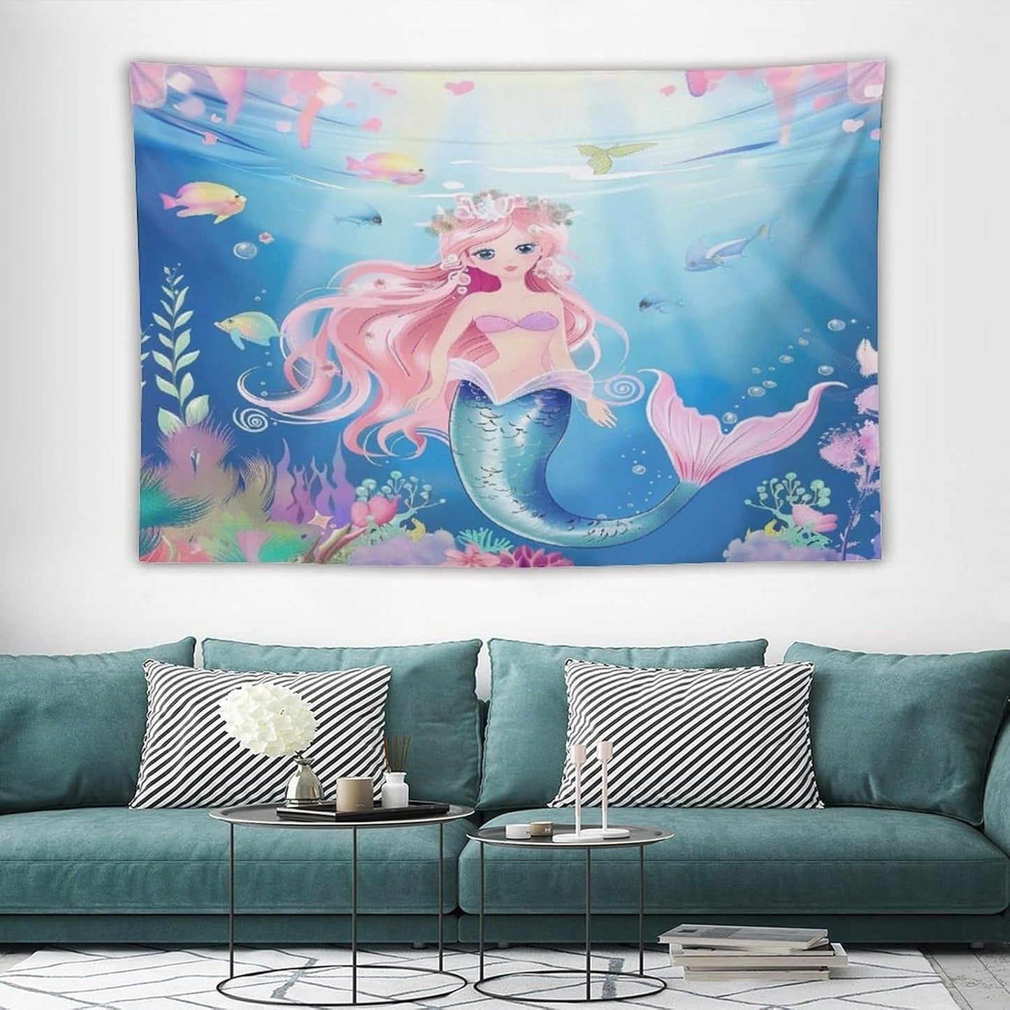 HZOHNAGO Mermaid Girls Tapestry Watercolor Mermaid Princess Pattern Printed Wall Tapestry Wall Hanging for Bedroom Living Room Dorm 90" W x 60" H