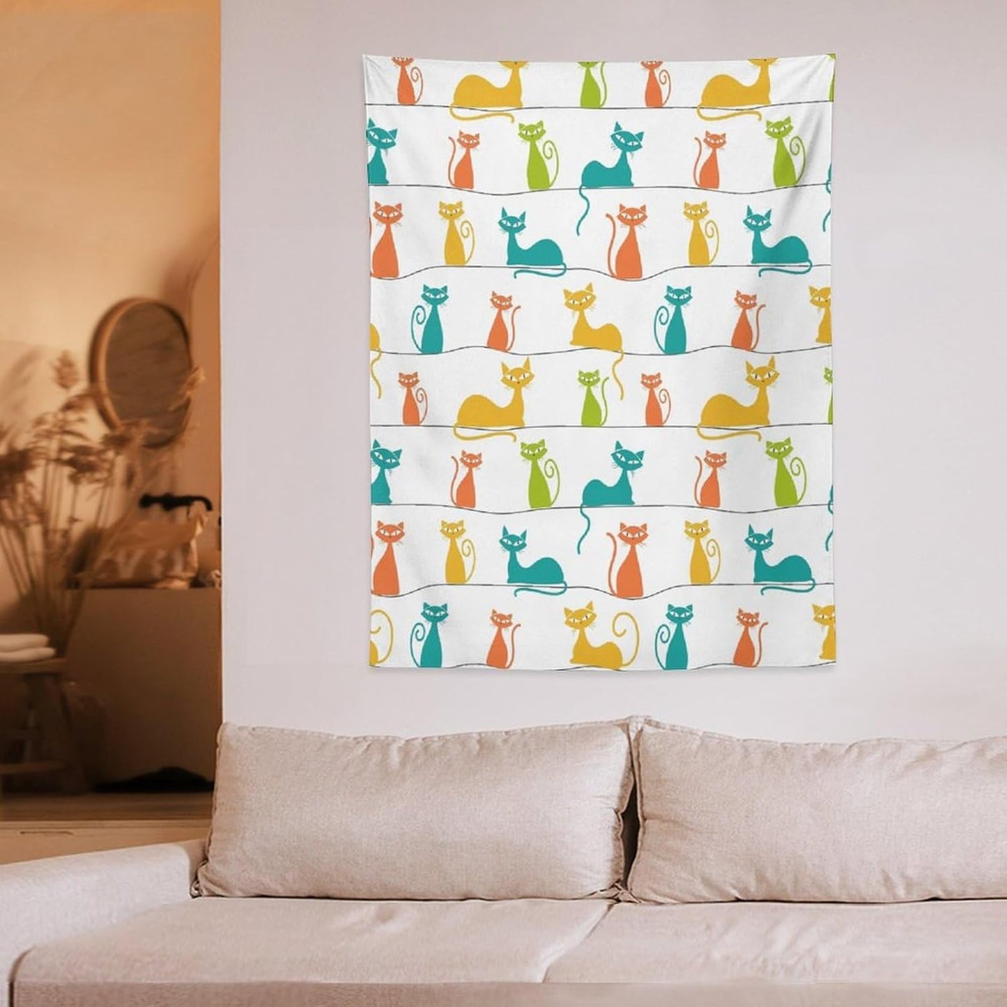 ICMOLYYENLO Boho Medieval Cat Tapestry, Abstract Atomic Starburst Geometric Aesthetic Art Wall Hanging For Bedroom Living Room Dormitory 60x80 Inches