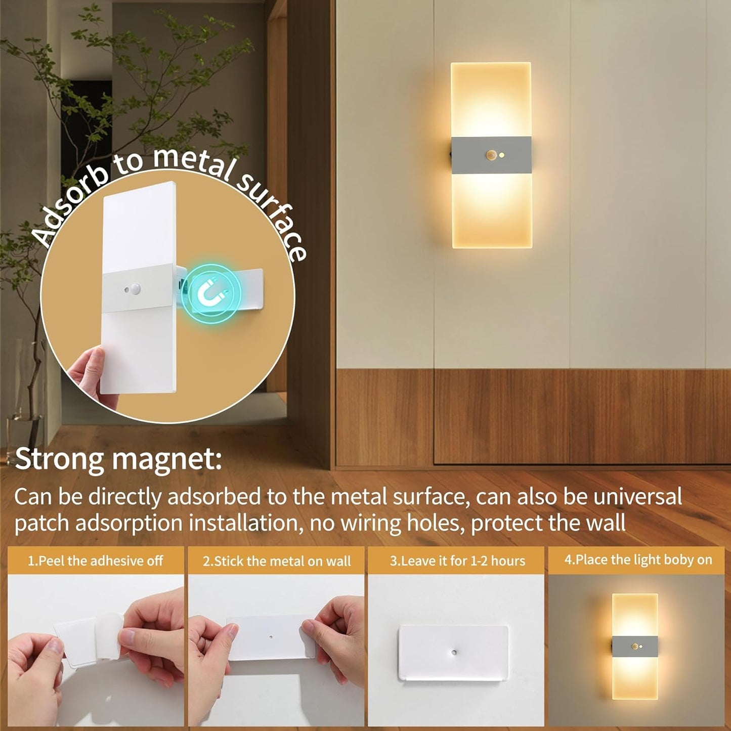 2pcs Motion Sensor Wall Sconces, Battery Operated Wall Sconce, Indoor Rechargeable USB Wall Light, Magnetic Wireless Warm White Energy Saving Wall Lamp for Hallway, Staircases, Living Room