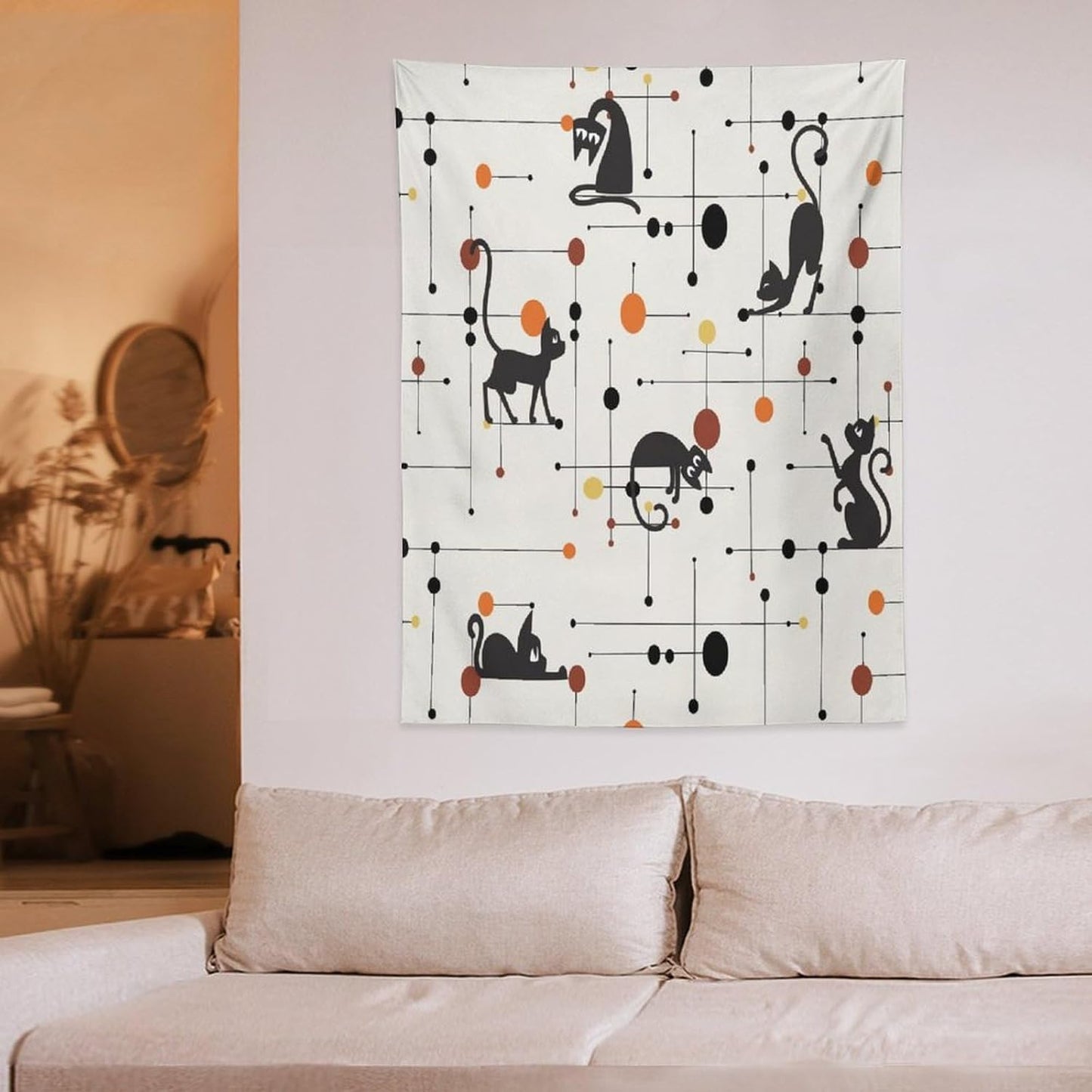 ICMOLYYENLO Abstract Cat Tapestry, Medieval Abstract Atomic Star Cat Vintage Home Wall Hanging Art Tapestry for Bedroom Living Room Dormitory 40x60 Inch