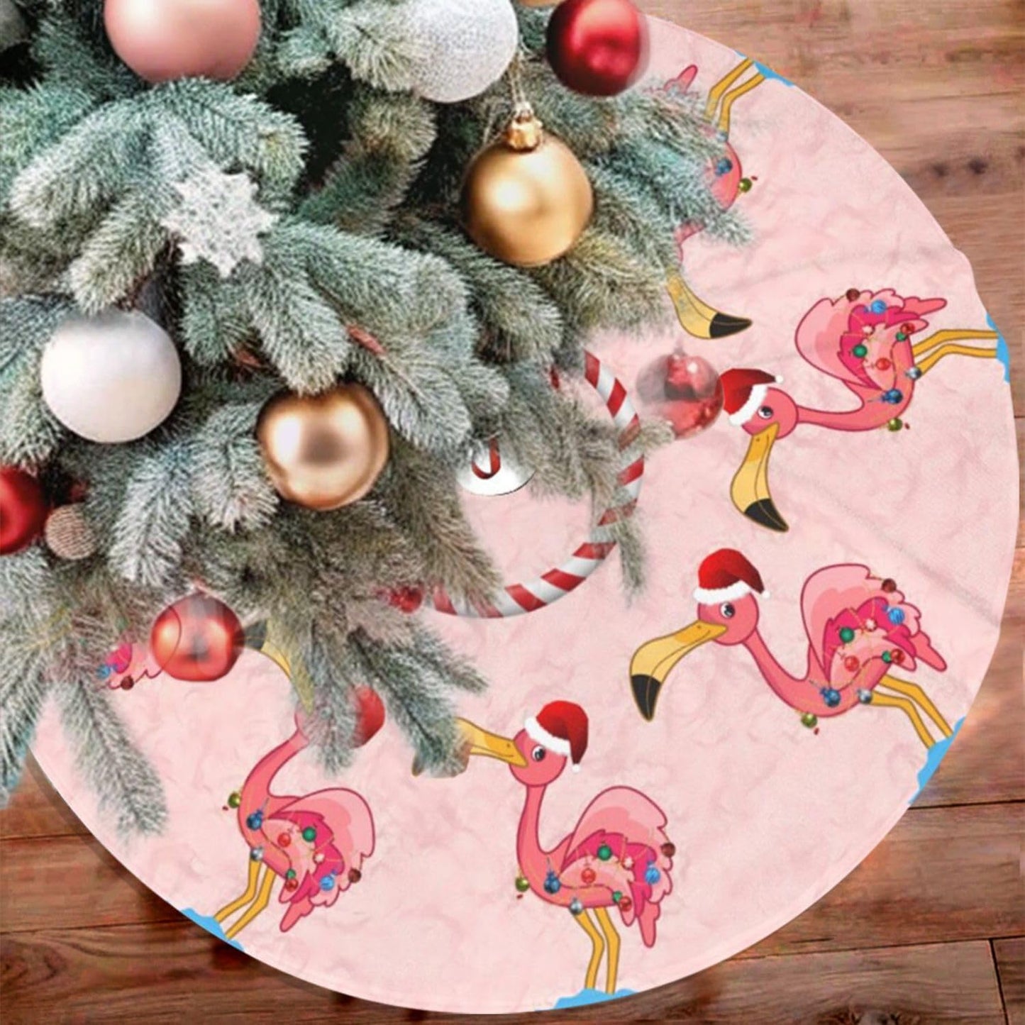 36" Large Christmas Tree Skirt, Christmas Decorated Flamingo Pattern Tree Mat Base Cover for Xmas Festive Holiday Party Decoration Ornaments