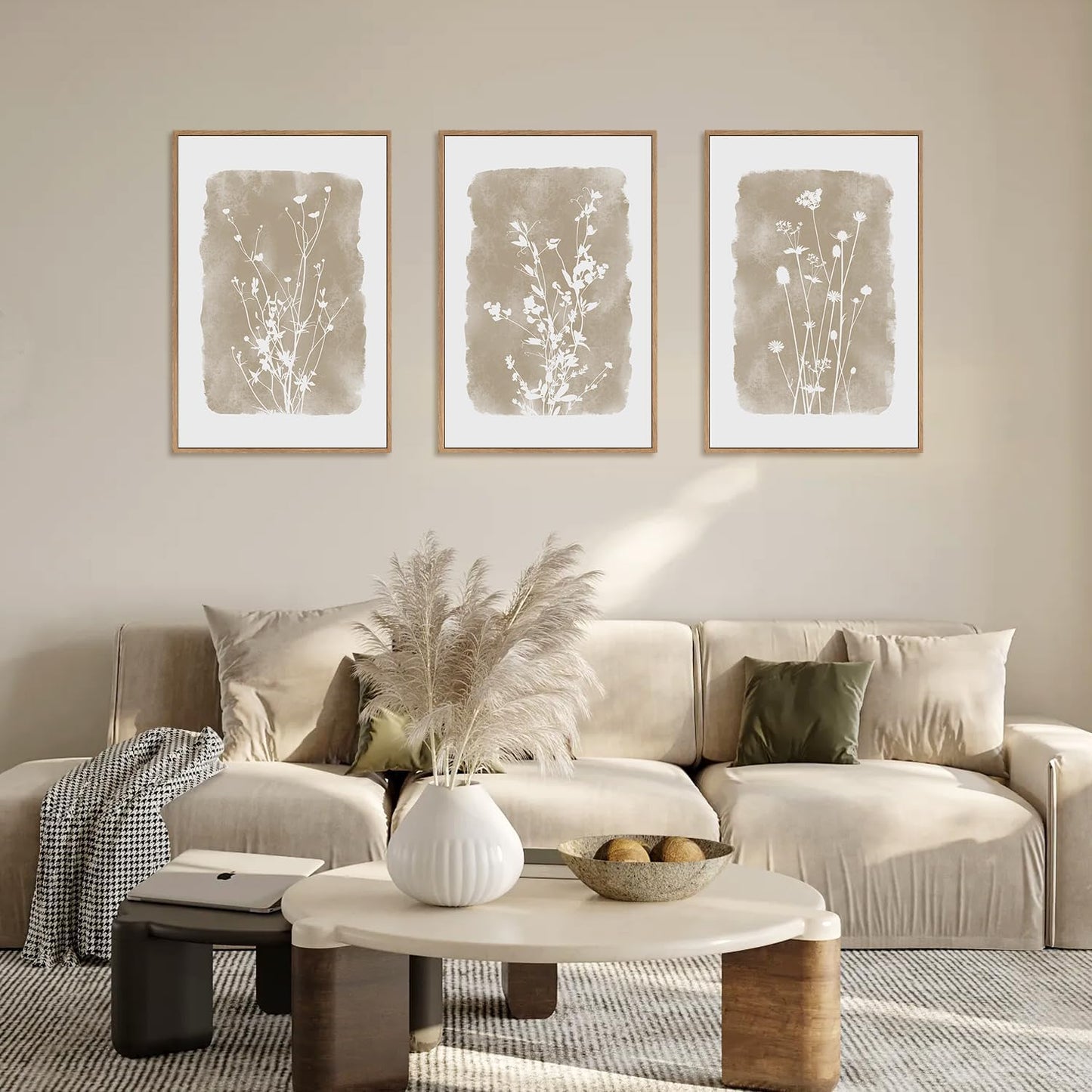 HPINUB Large Boho Wildflowers Canvas Framed Wall Art Set,Minimalist Vintage Flower Wall Decor,Beige Floral Botanical Artwork for Living Room Bedroom,Dining Room,Office -16"x24"x3