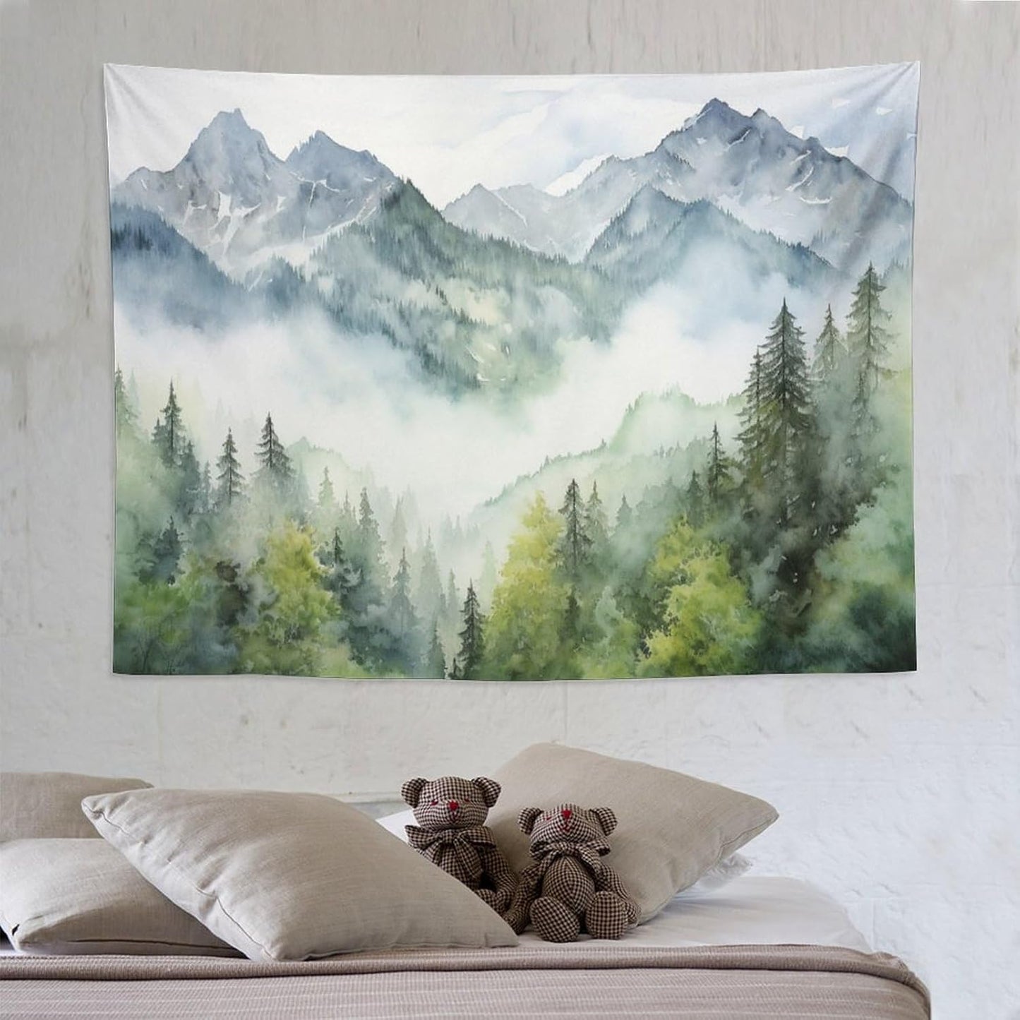 HZOHNAGO Mountain Tapestry Misty Green Forest Mountain Pattern Printed Wall Tapestry Wall Hanging for Bedroom Living Room Dorm 80" W x 60" H