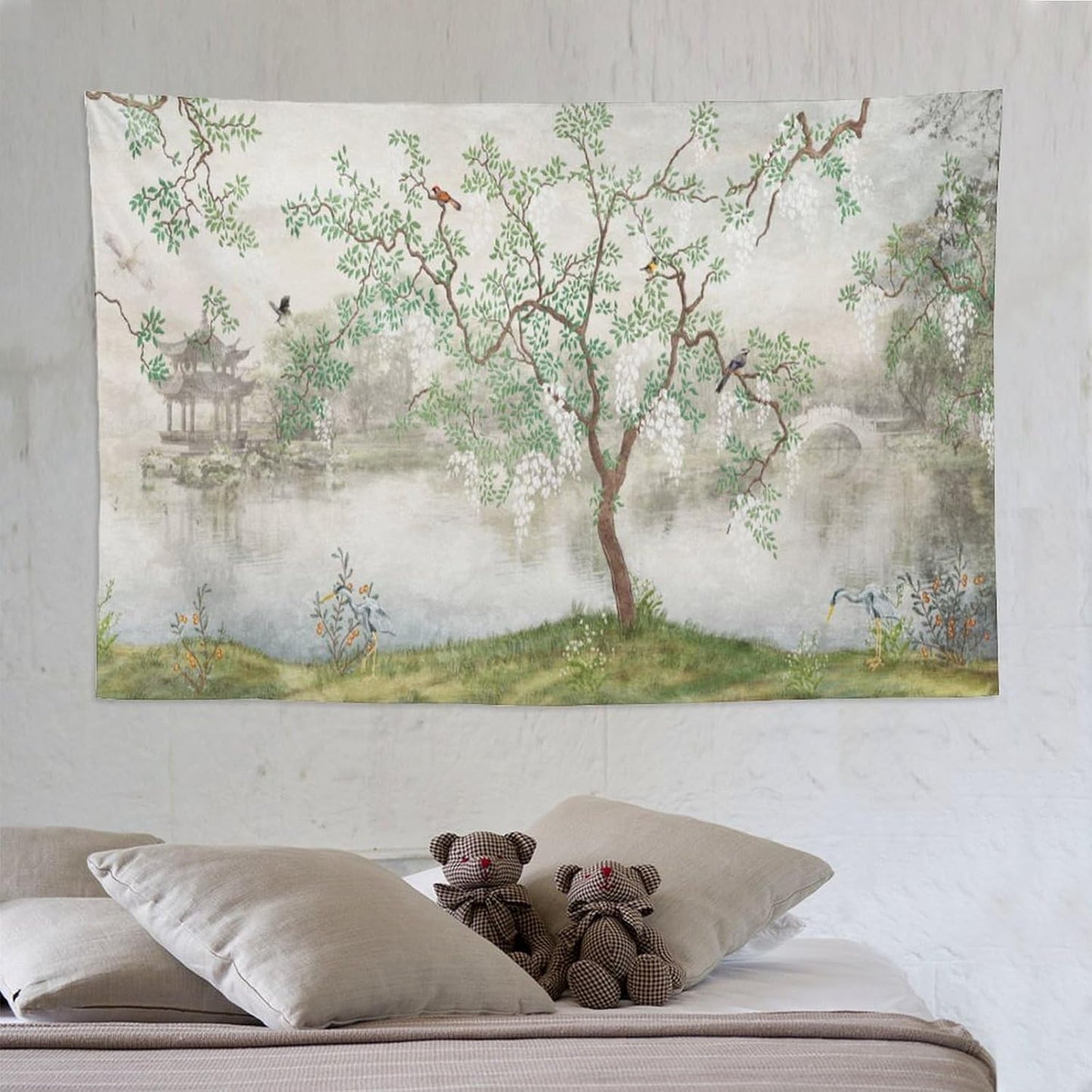 HZOHNAGO Japanese Tapestry Tree Misty Garden Lake Printed Wall Tapestry Ink Painting Wall Hanging for Bedroom Living Room Dorm 90" W x 60" H