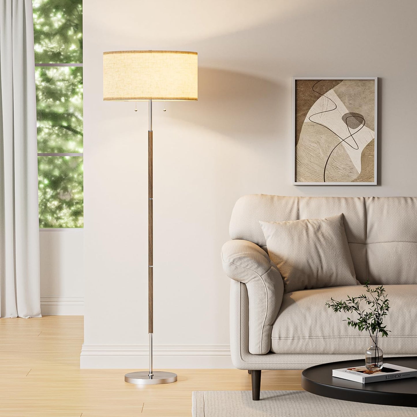 2-Light Floor Lamp, Mid Century Floor Lamp with Beige Lampshade, Standing Lamp Tall Lamp for Living Room Bedroom, 3 Color Temperatures 9W Bulb Include