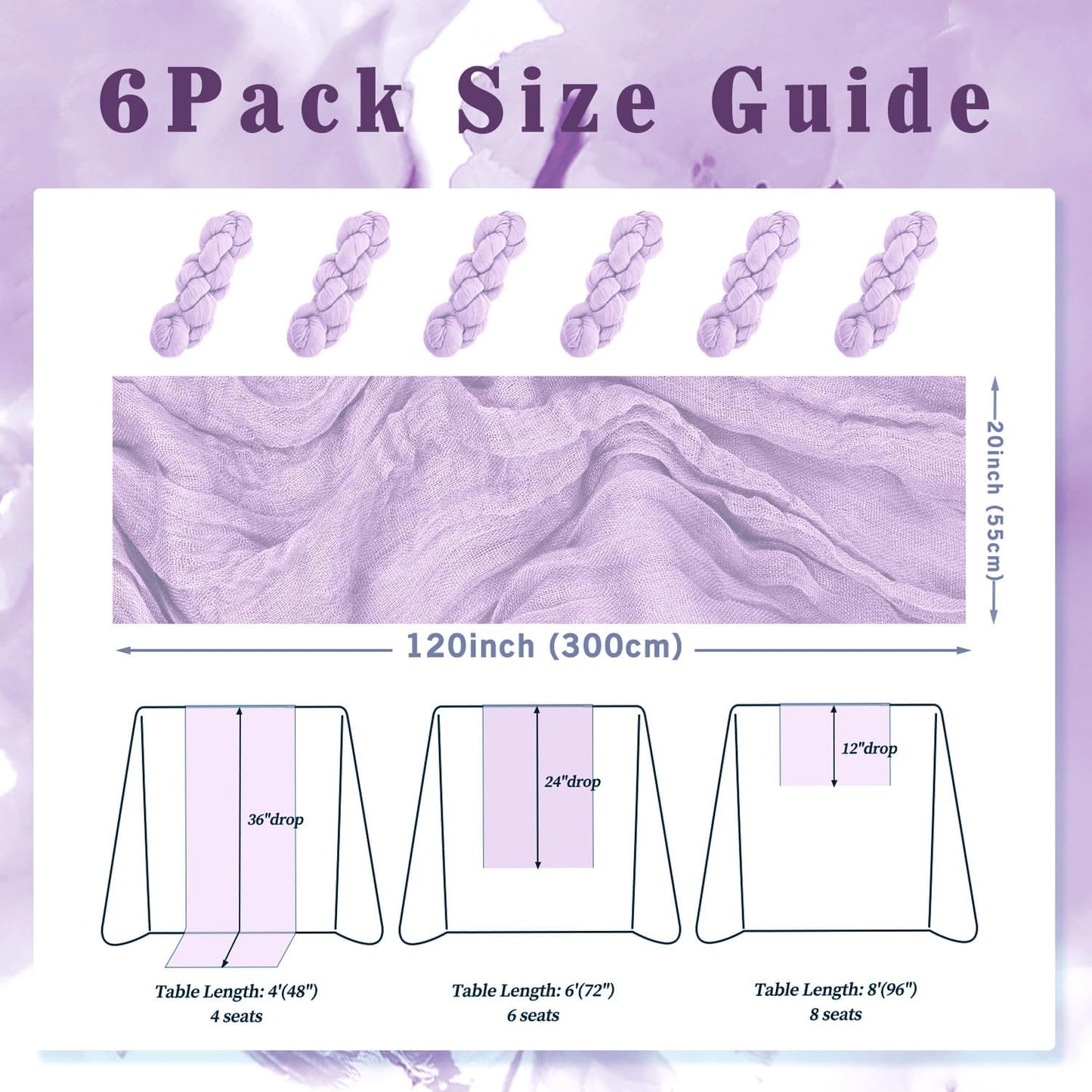 6 Pack Lilac Cheesecloth Table Runner 10FT Rustic Gauze Cheese Cloth Table Runner for Wedding 20 x 120 Inch Long Bridal Baby Shower Table Decor Boho Fabric Sheer Birthday Party Table Decorations