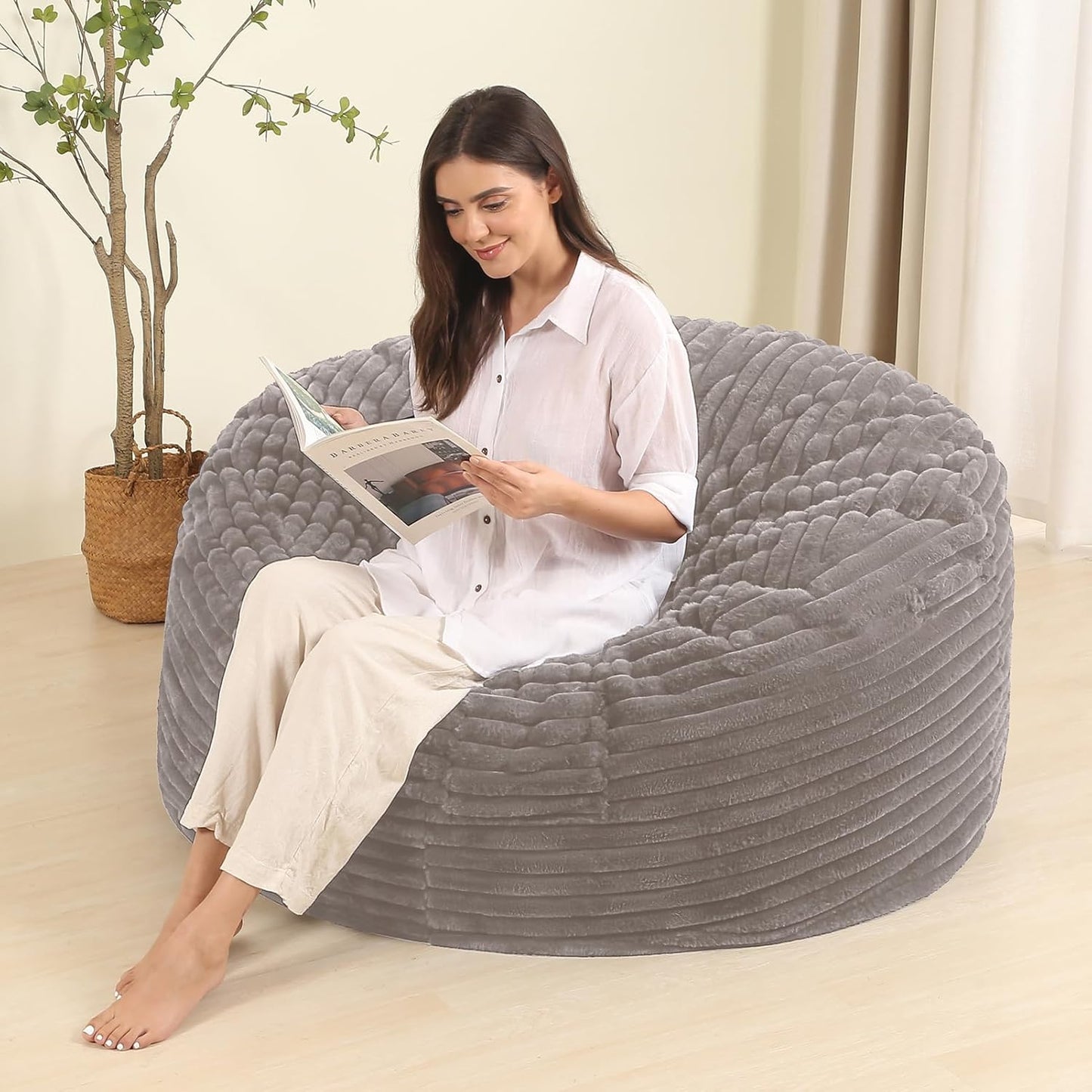 4FT Memory Foam Bean Bag Chair for Adults/Teens, Bean Bag Sofa with Fluffy Removable Cover, for Living Room Bedroom, Grey
