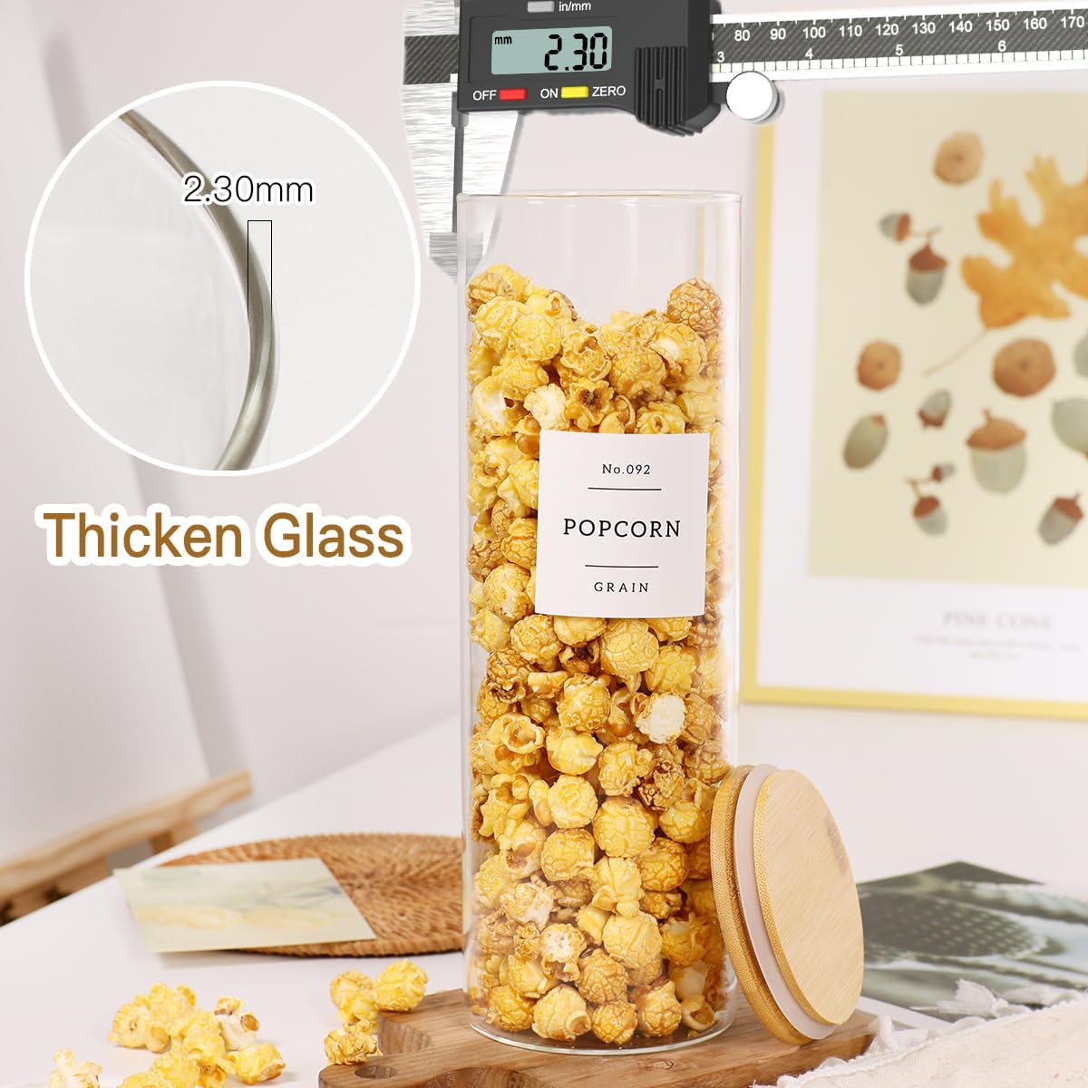 3 Pack Glass Jar with Airtight Bamboo Lid and White 132 Kichen Pantry Labels Preprinted - 70 Oz Clear Tall Glass Food Storage Containers set For Noodles Pasta Spaghetti