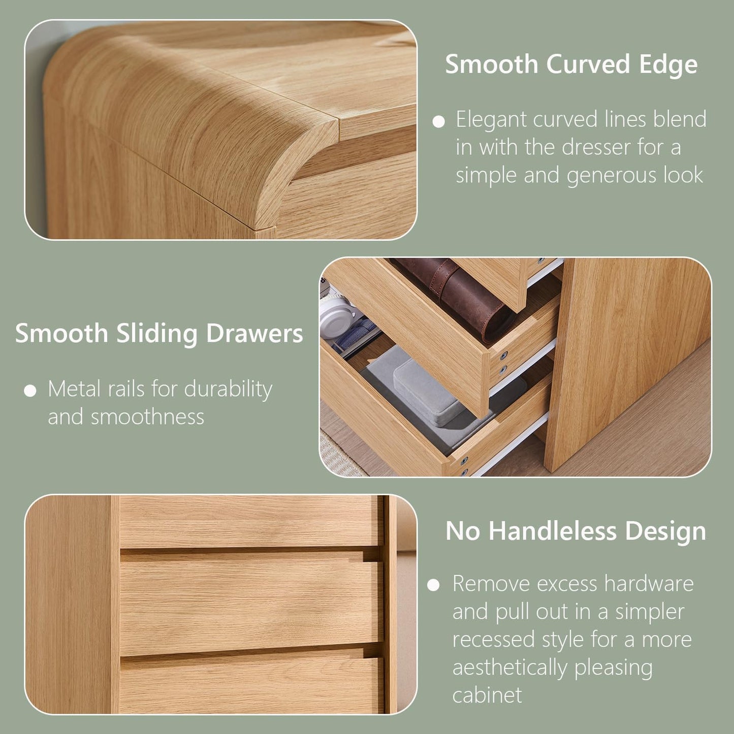 25" Tall Modern Nightstand Set of 2, 23.6" Wide Wood Bedside Table with Charging Station, 3 Storage Drawers Side Table w/Curved Profile Design,End Table for Bedroom, Natural Oak