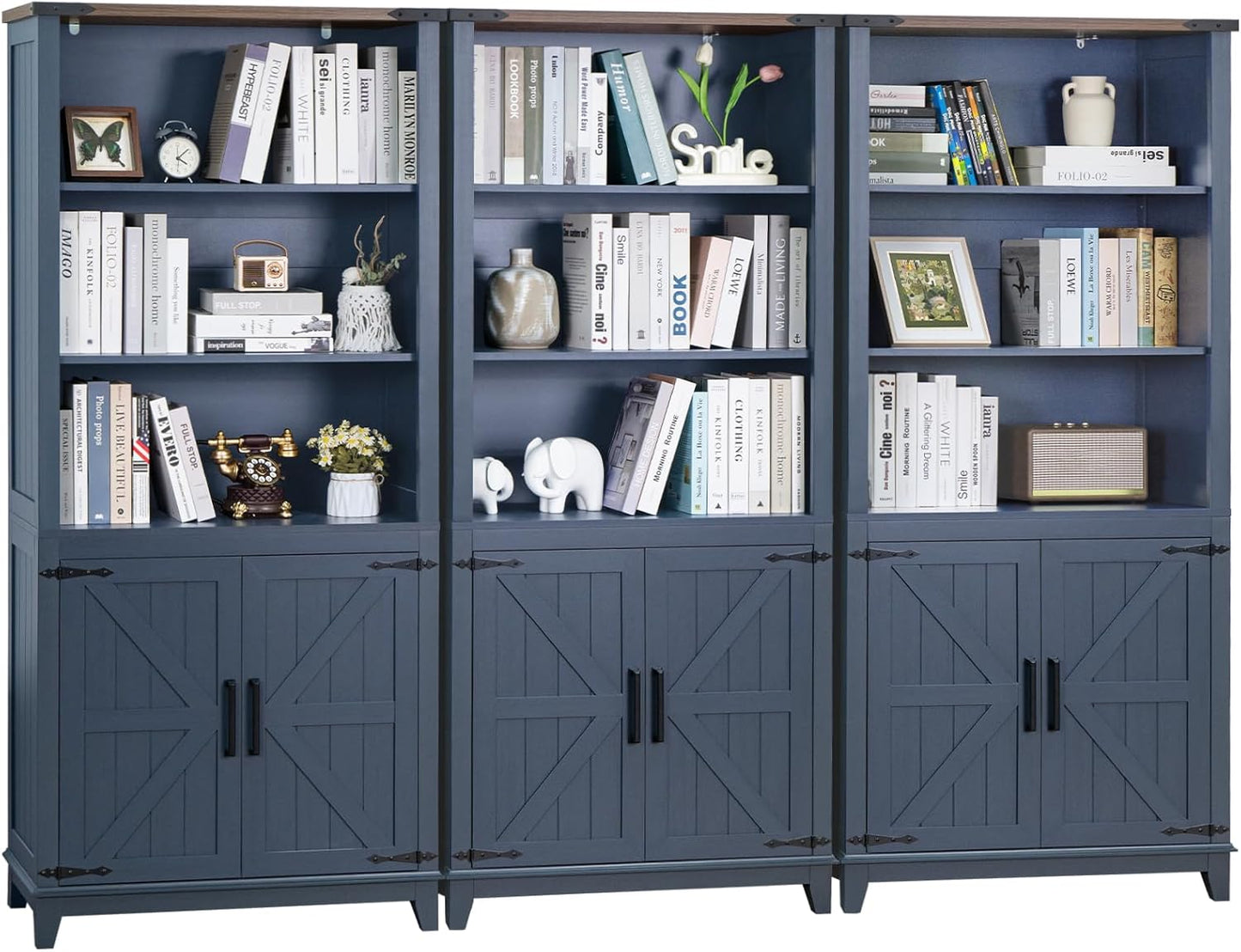 5 Tier Bookshelf 70in Tall Bookcase with Barn Doors and Storage Cabinet, Blue Farmhouse Book Shelf with Adjustable Shelves, Wood Freestanding Display Bookshelves for Bedroom, Kitchen (3PCS)