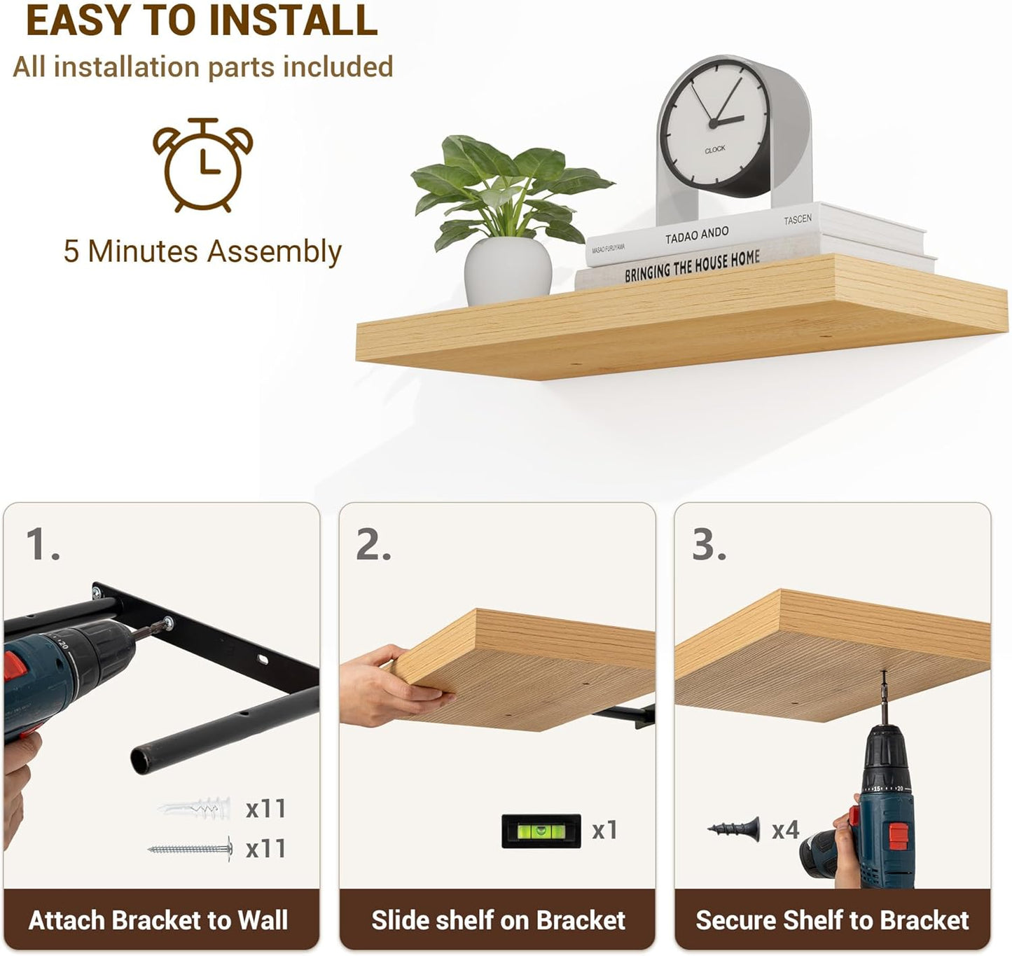 24 Inch Floating Shelves, 3D Textured Wood Grain, 24"x9.25"x1.5" Inch Deep Floating Shelves for Wall, Wooden Shelves for Bathroom, Bedroom, Living Room, Natural