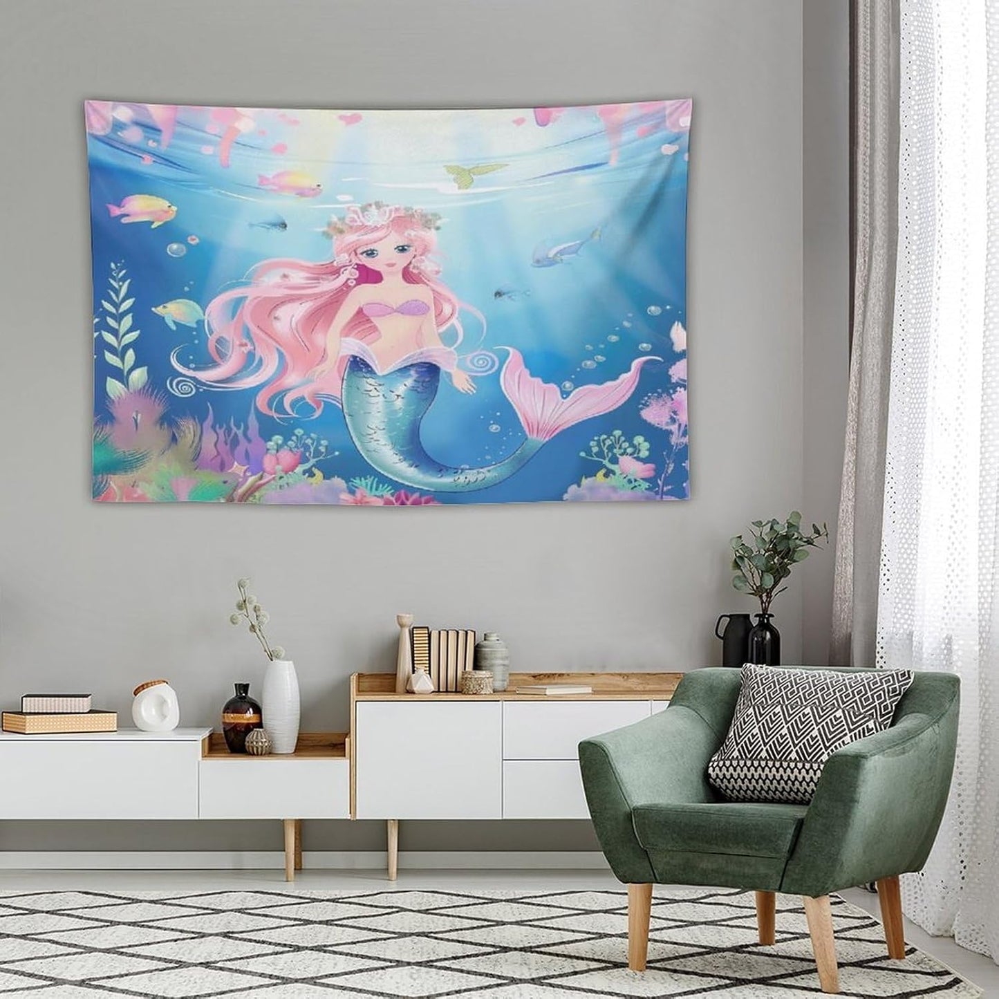 HZOHNAGO Mermaid Girls Tapestry Watercolor Mermaid Princess Pattern Printed Wall Tapestry Wall Hanging for Bedroom Living Room Dorm 60" W x 40" H