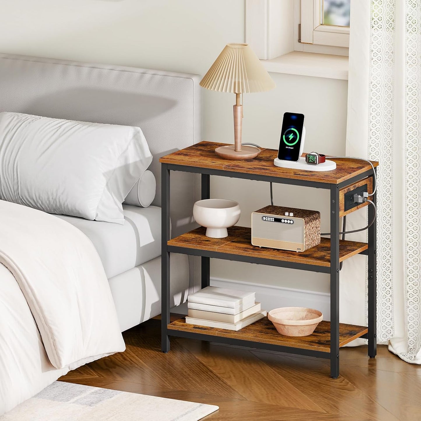 HOOBRO End Table with Charging Station, Simple Rustic Side Table with 3-Tier Storage Shelf, Narrow Nightstand for Small Spaces, for Living Room, Industrial Design, Rustic Brown and Black BF149UBZ01