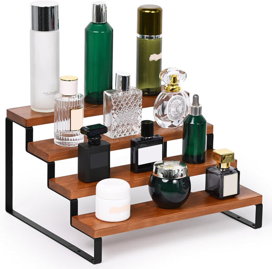 4 Tier Wooden Display Riser Stand Perfume Organizer with Metal Stand, Dessert Table Display Set, Food Display Stands for Party, Brown Rustic Solid Wood Shelf for Cupcakes, Perfume, Cologne, Spiece