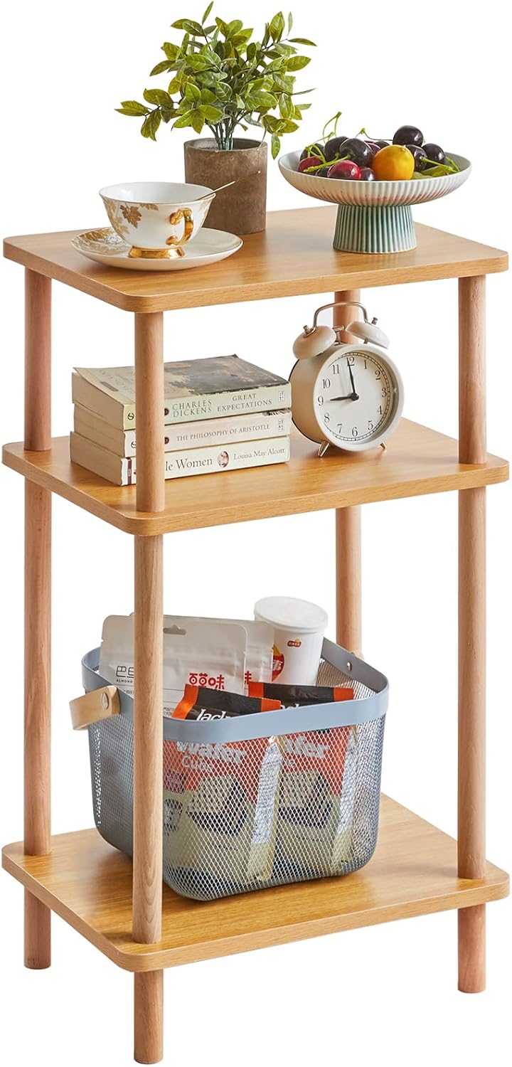 IBUYKE 3-Tier Side Table, Solid Wood Tall End Table with Storage Shelves, Nightstand Bedside Table for Living Room Bedroom Office, No-Tool Assembly, Natural UWST003N