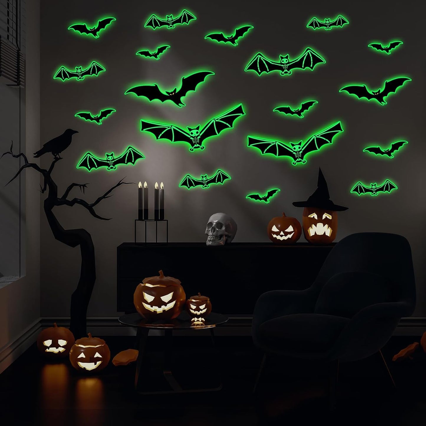 3 Sheets Glow in The Dark Halloween Skeleton Bat Decals Luminous Halloween Skeleton Bat Stickers Removable Bat Wall Decor Glowing Window Clings for Scary Halloween Theme Party Decorations