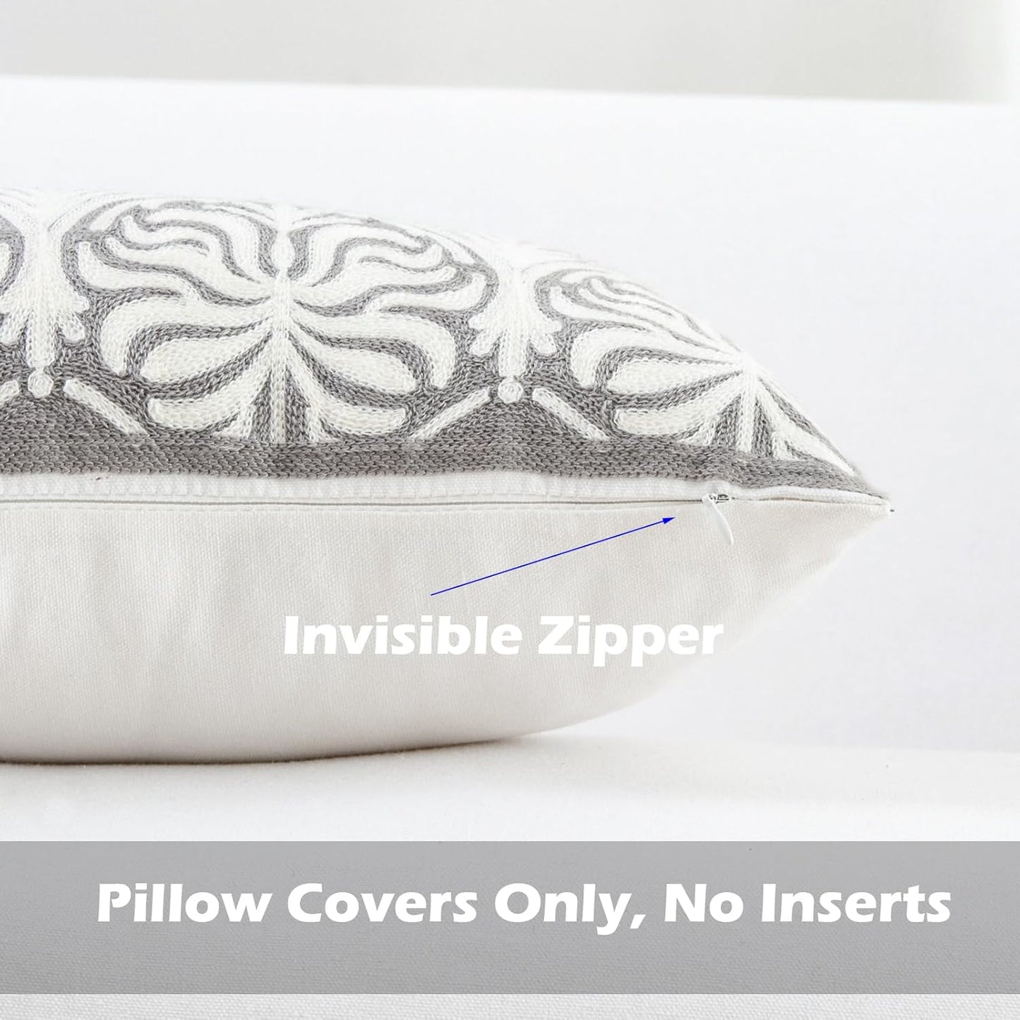 HWY 50 Grey Gray Decorative Lumbar Pillow Cover Rectangle 12x20 Inch (1 Piece), Embroidered Cotton Farmhouse Cushion Cover Pillow Case for Sofa Couch Living Room Bed, Minimalist Floral