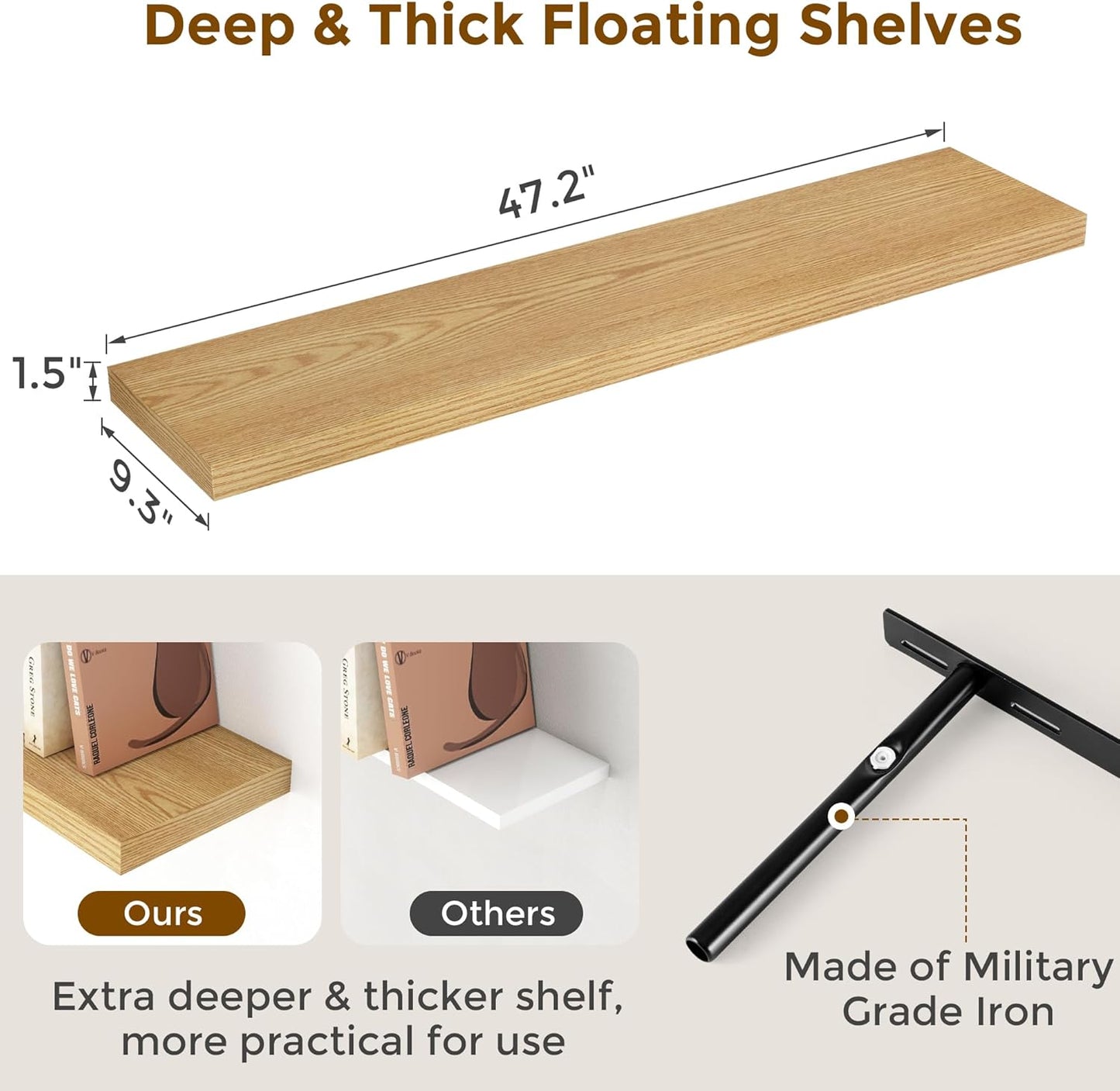 48 Inch Floating Shelves Set of 2, Rustic 48 x 9 Floating Shelf for Wall, 9 Inch Deep Bookshef Invisible Bracket, Wall-Mounted Deep Shelving for Bedroom, Kicten, Living Room, Oak Color