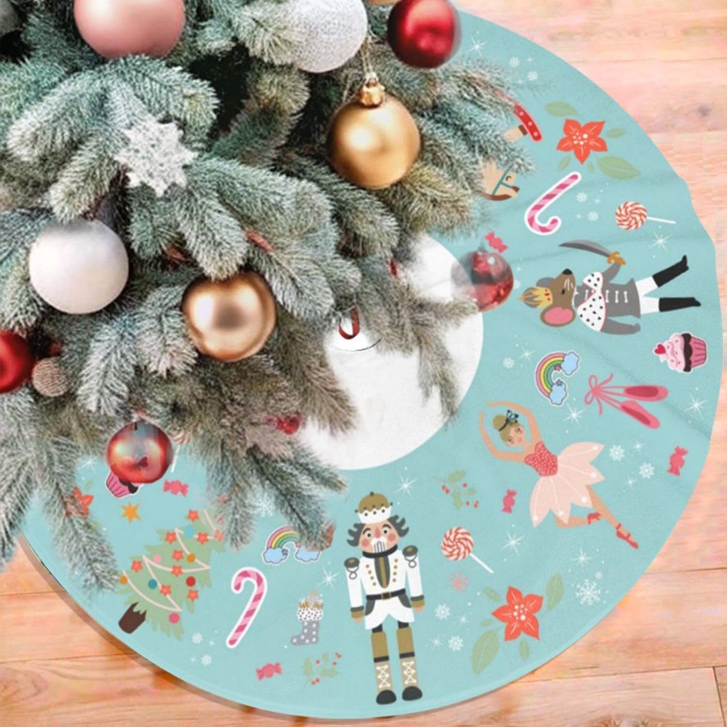 48" Large Christmas Tree Skirt, Turquoise Nutcracker Sweet Pattern Tree Mat Base Cover for Xmas Festive Holiday Party Decoration Ornaments