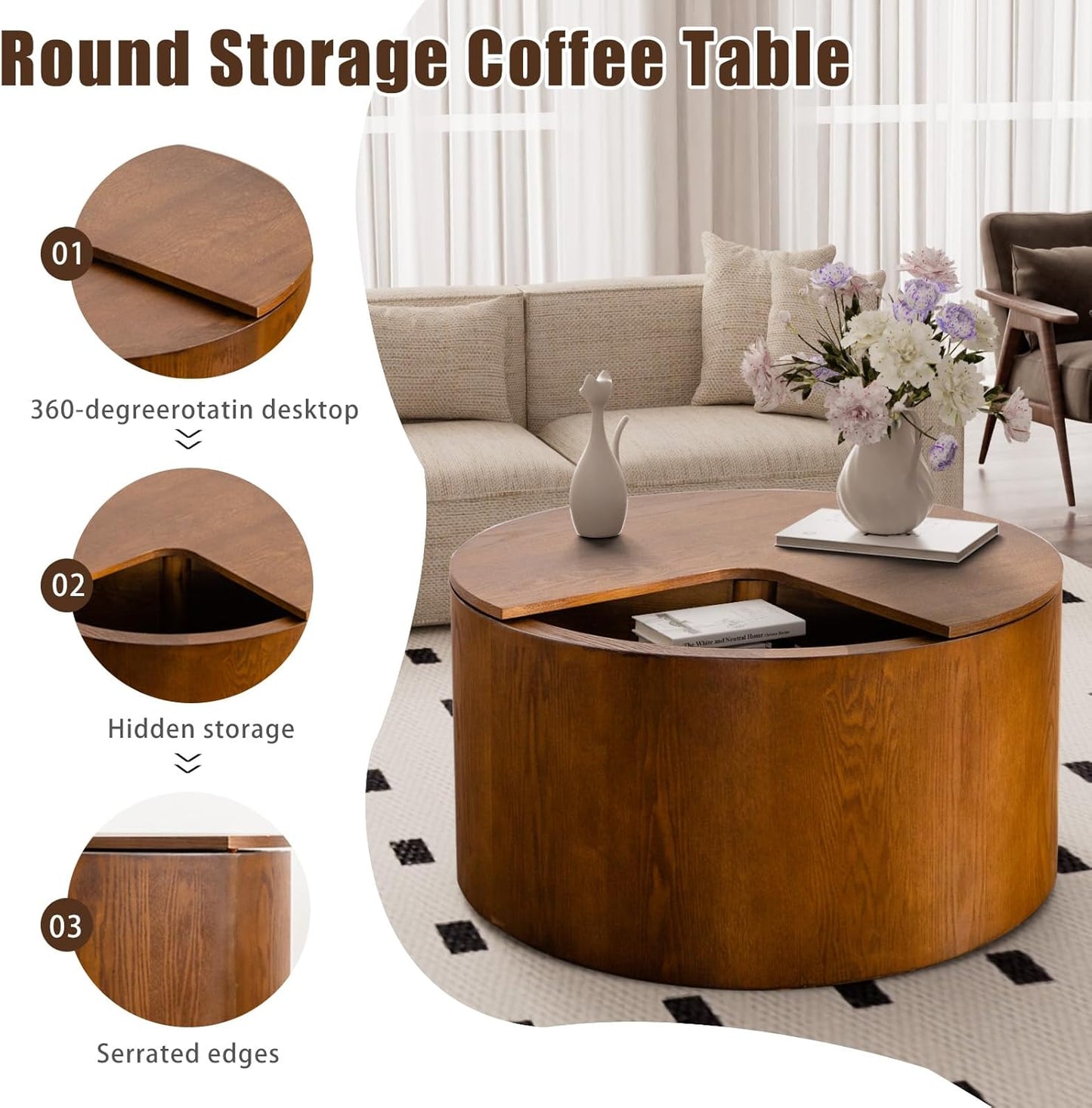 27.16" Drum Coffee Table with Storage Modern Unique Tea Table Contemporary Wood Round Coffee Table with Hidden Storage Centry Table for Living Room、Bedroom、 Office Walnut