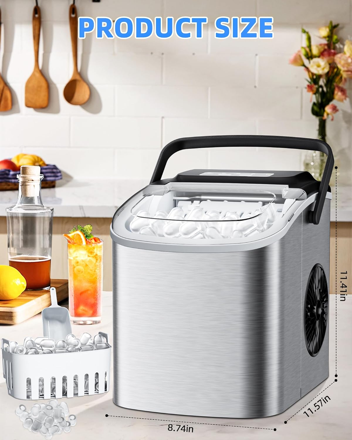 Ice Maker Machine Countertop 26lbs/24H, Portable Quiet Ice Makers Cubes in 9PCS/7Min, Self Cleaning, Ice Maker with Scoop for Kitchen, Home, Party