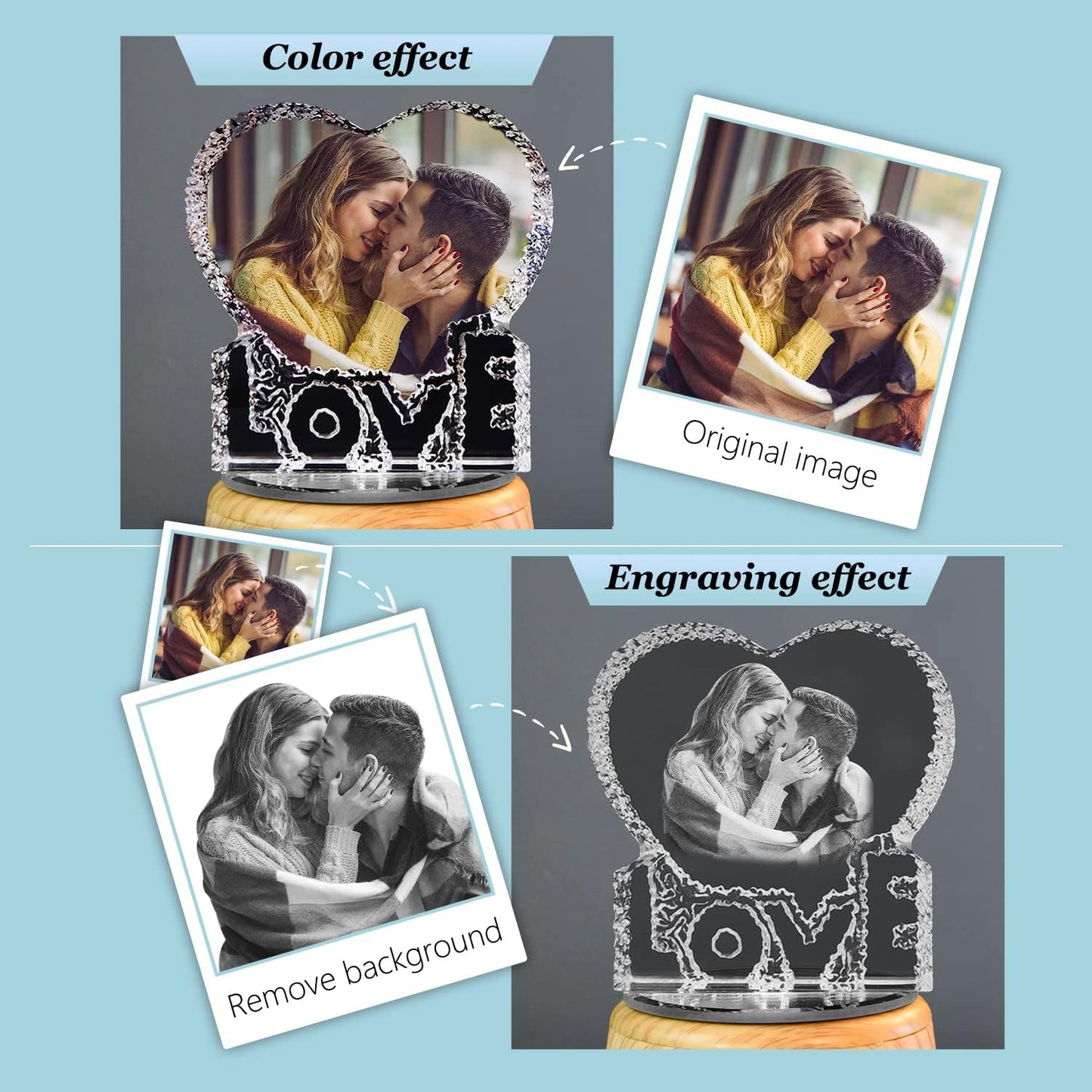 3D Crystal Photo, Heart-Shaped Love Photo Custom Night Light Personalized 3D Crystal Lamp with Bluetooth Rose Audio, Crystal Photo Frame Best Gift for Couple Love Women Men Wedding Christmas