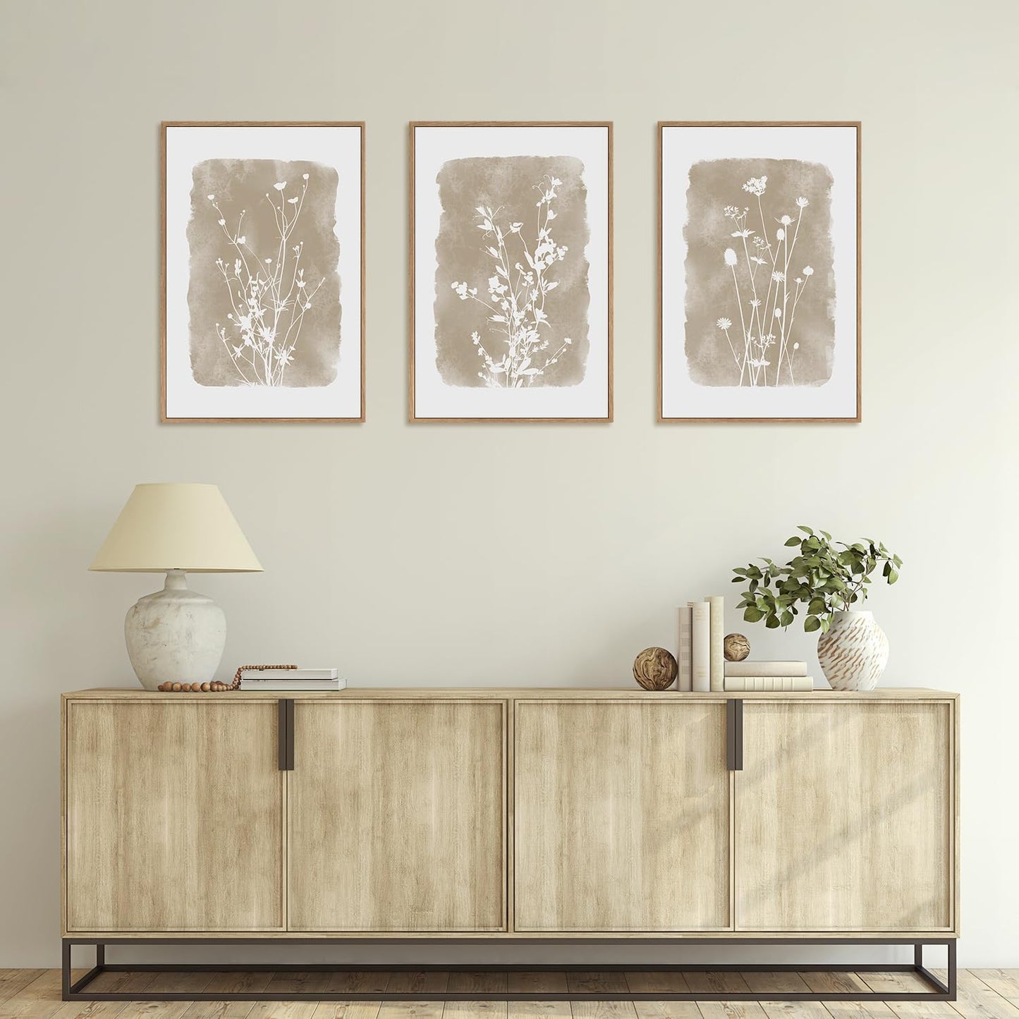 HPINUB Large Boho Wildflowers Canvas Framed Wall Art Set,Minimalist Vintage Flower Wall Decor,Beige Floral Botanical Artwork for Living Room Bedroom,Dining Room,Office -16"x24"x3