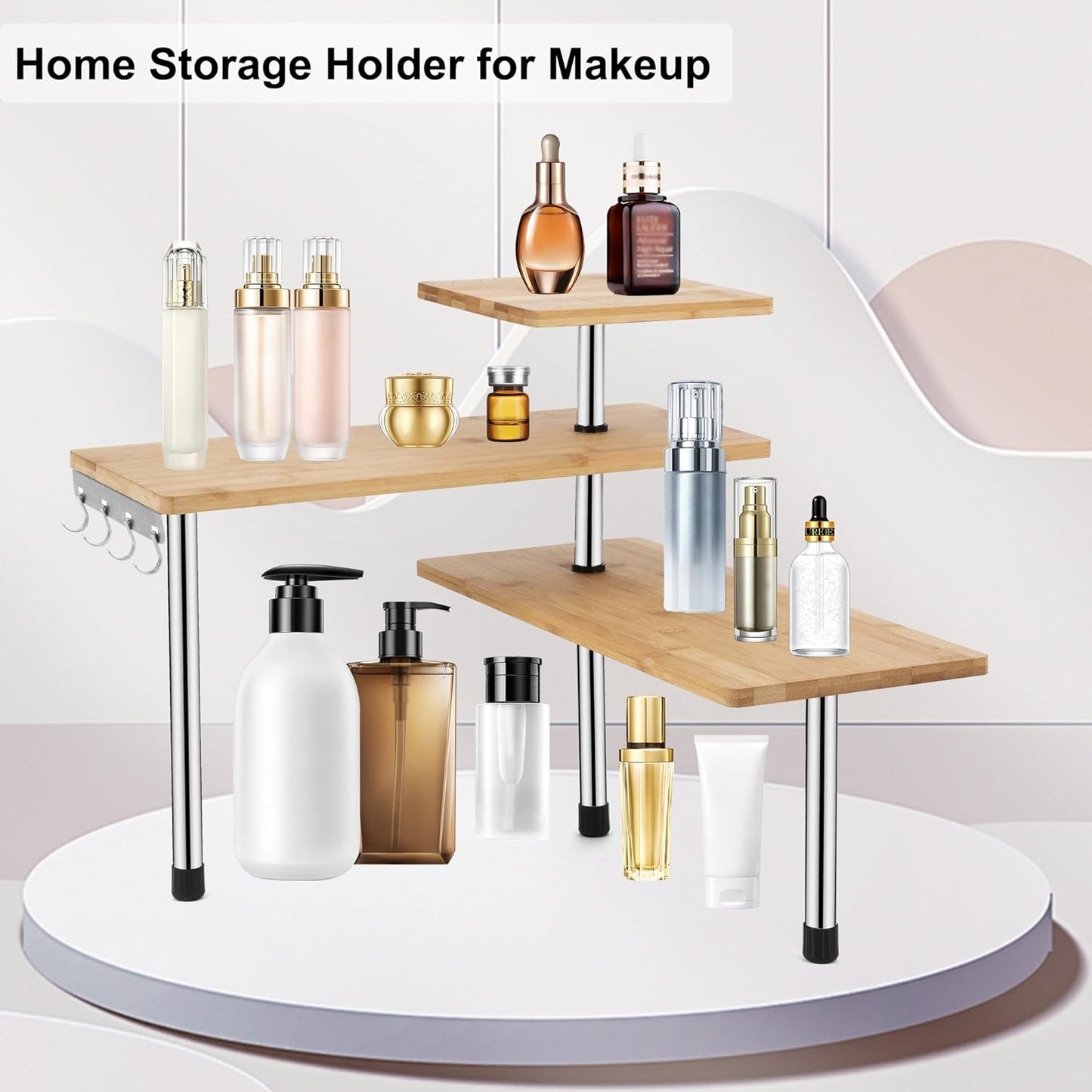 HYNAWIN Corner Shelf, 3 Tier Bamboo & Metal Storage Spice Rack-Desk, Space Saving Bookshelf with Hooks, Adjustable Display Shelf for Creative Home Décor Kitchen, Bedroom, Office (21CO)