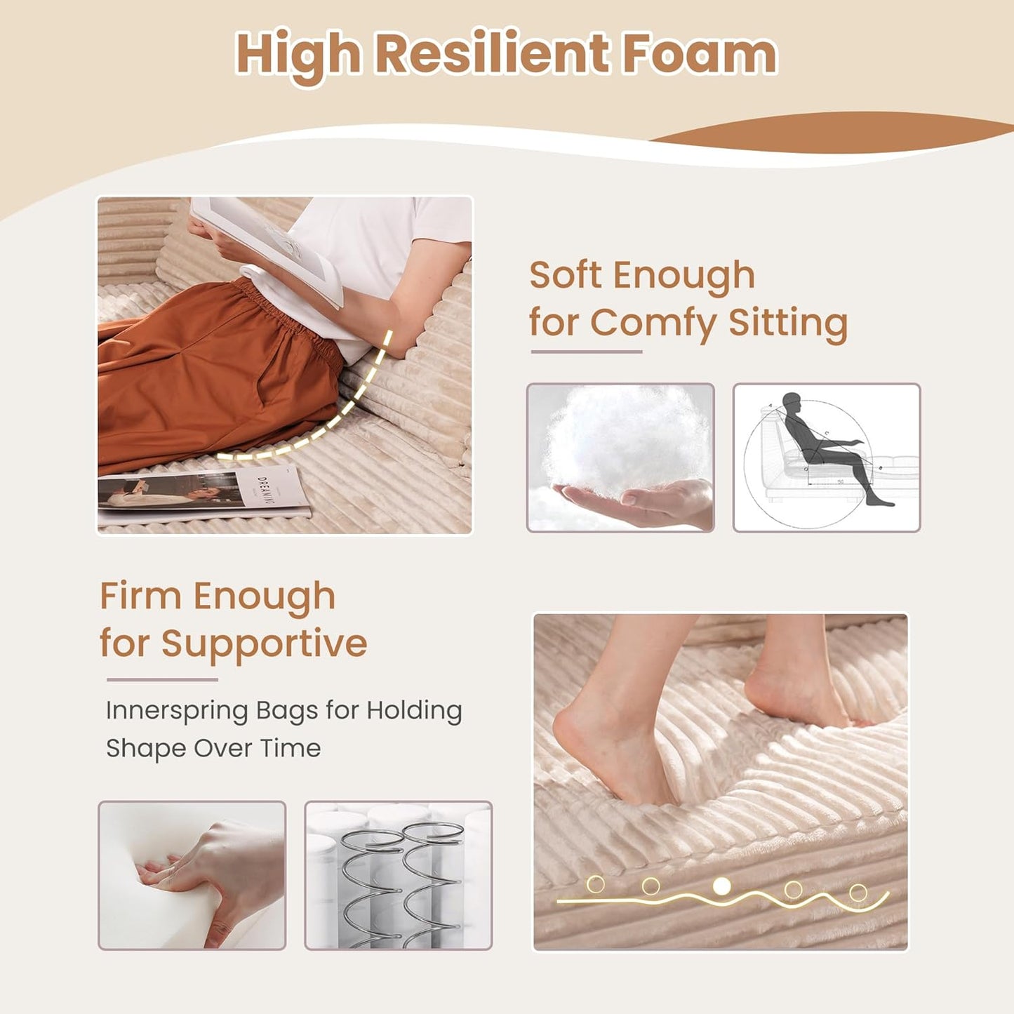 HOOOWOOO Cloud Sectional Couches for Living Room,Modular Sectional Sofa No Assembly,133X108 Inch Plush Corduroy Large U Shaped Floor Couch Set with Deep Seat Right Chaise(Beige)