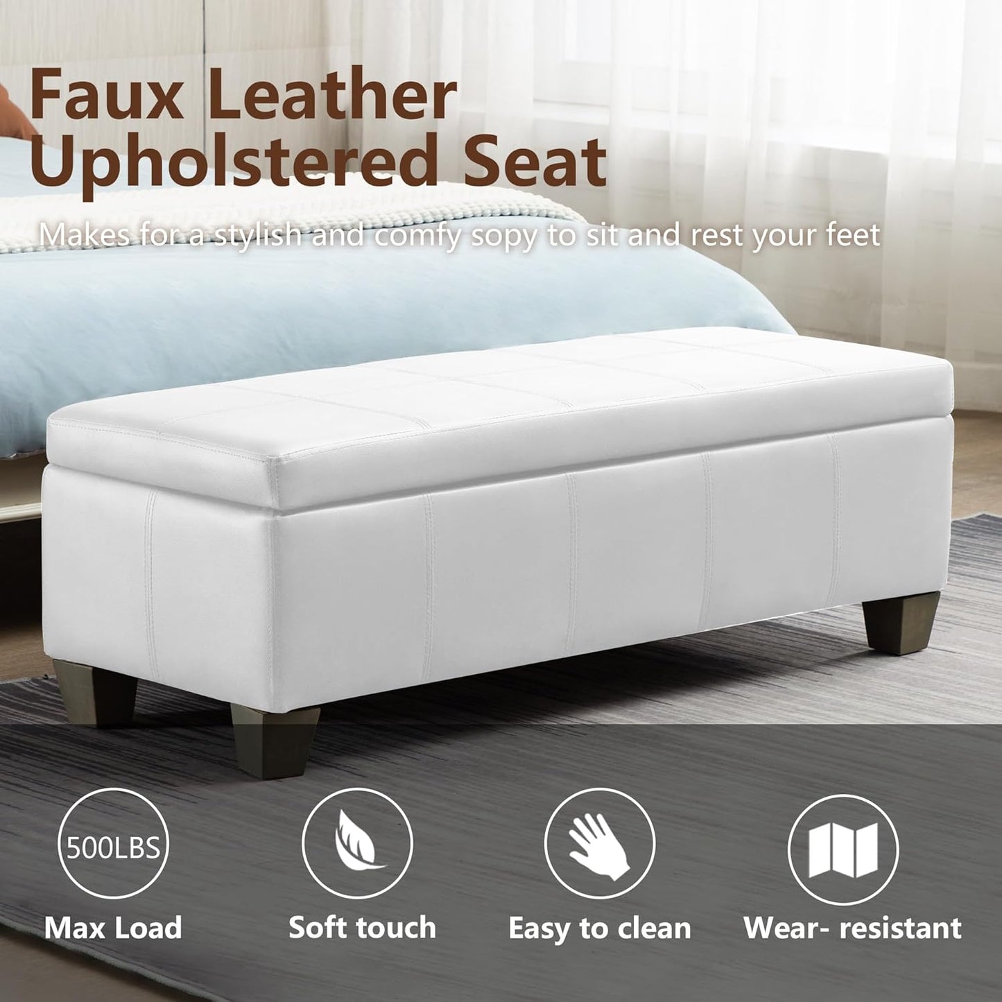 51 Inch Faux Leather Ottoman with Storage, End of Bed Bench with Large Storage, Rectangular Extra Long Bench for Bedroom and Living Room, White
