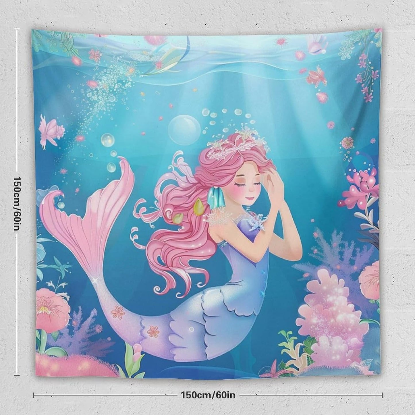 HZOHNAGO Mermaid Girls Tapestry Watercolor Flowers Mermaid Princess Blessing Pattern for Kids Room Decoration Printed Wall Tapestry Wall Hanging for Bedroom Living Room Dorm 60" W x 60" H