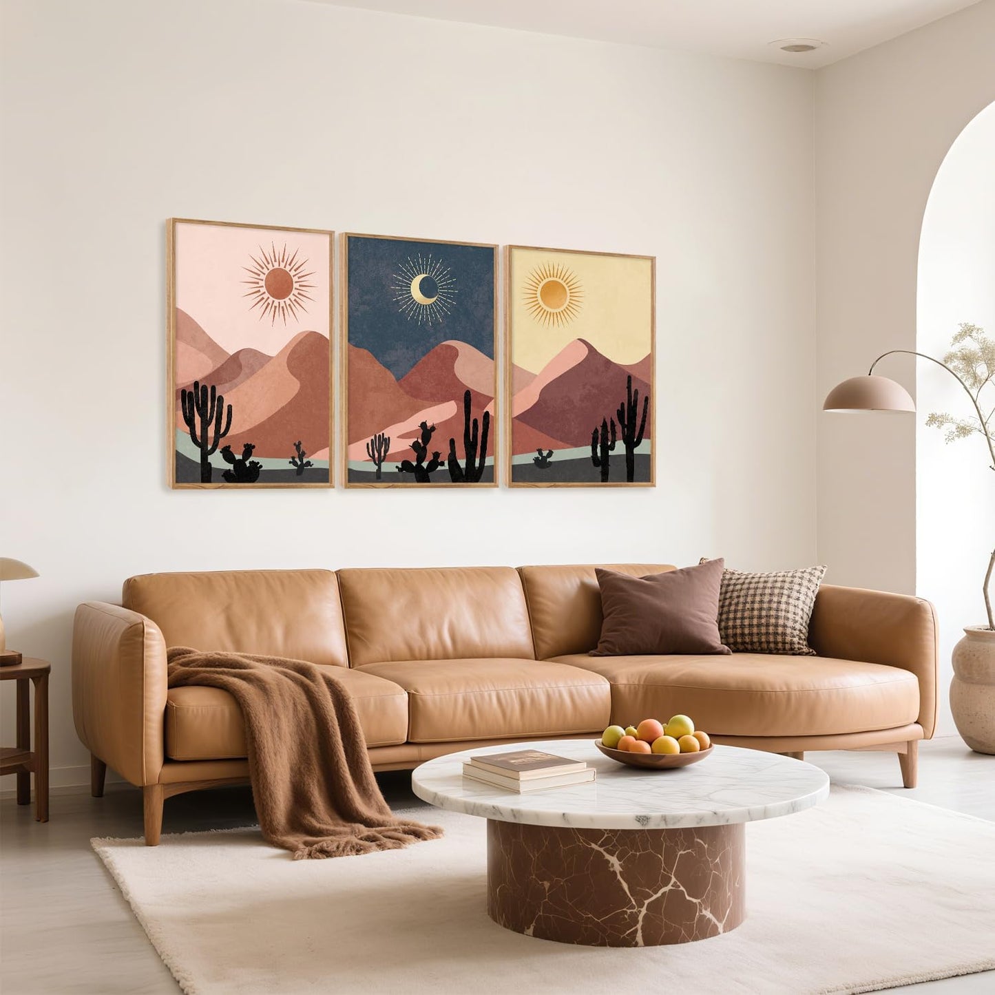 HPNIUB Boho Desert Framed Canvas Wall Art Set, Abstract Sun Moon Art Prints, Modern Cactus Paintings Artwork, Mid Century Southwestern Landscape Wall Decor for Living Room, Bedroom, Office-16 x24 x3