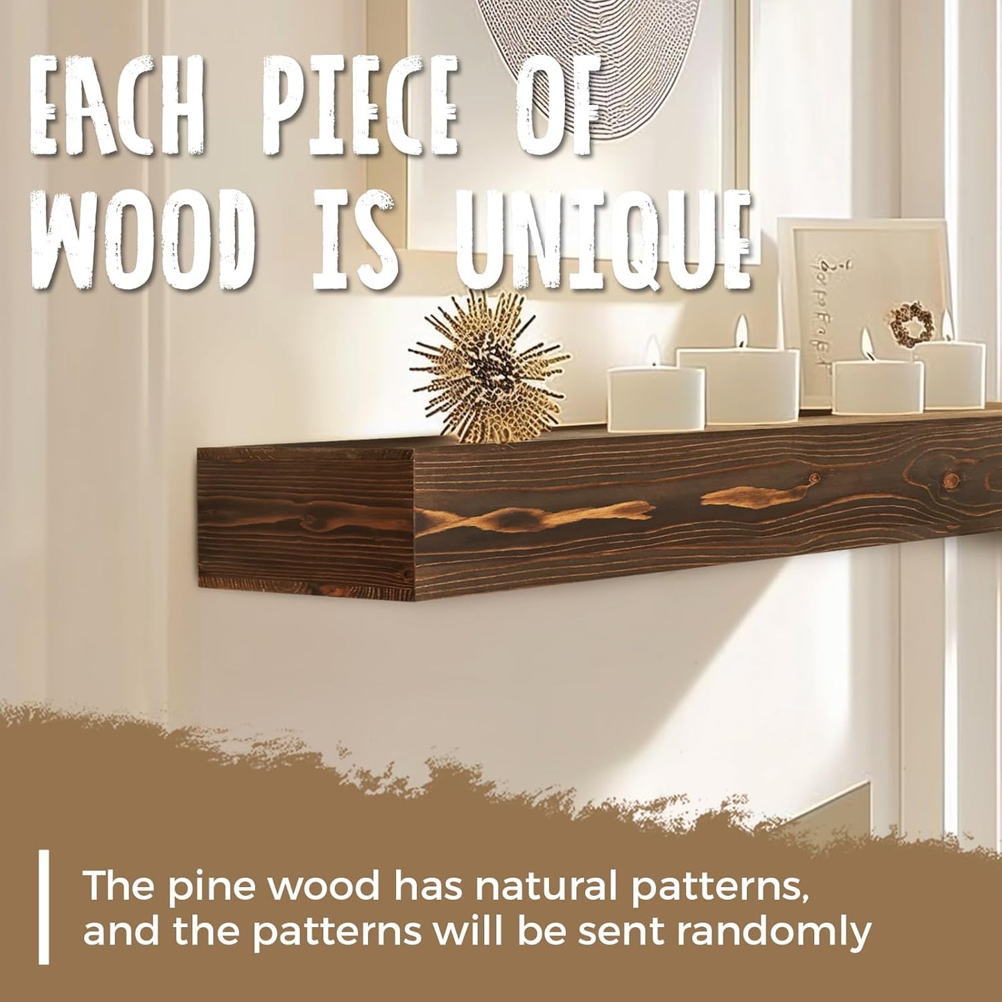 56x8x3 Fireplace Mantel - Handcrafted Hollow Rustic Solid Wood Wall Mounted Floating Shelf with Invisible Heavy Duty Wood Bracket (Weathered Brown)