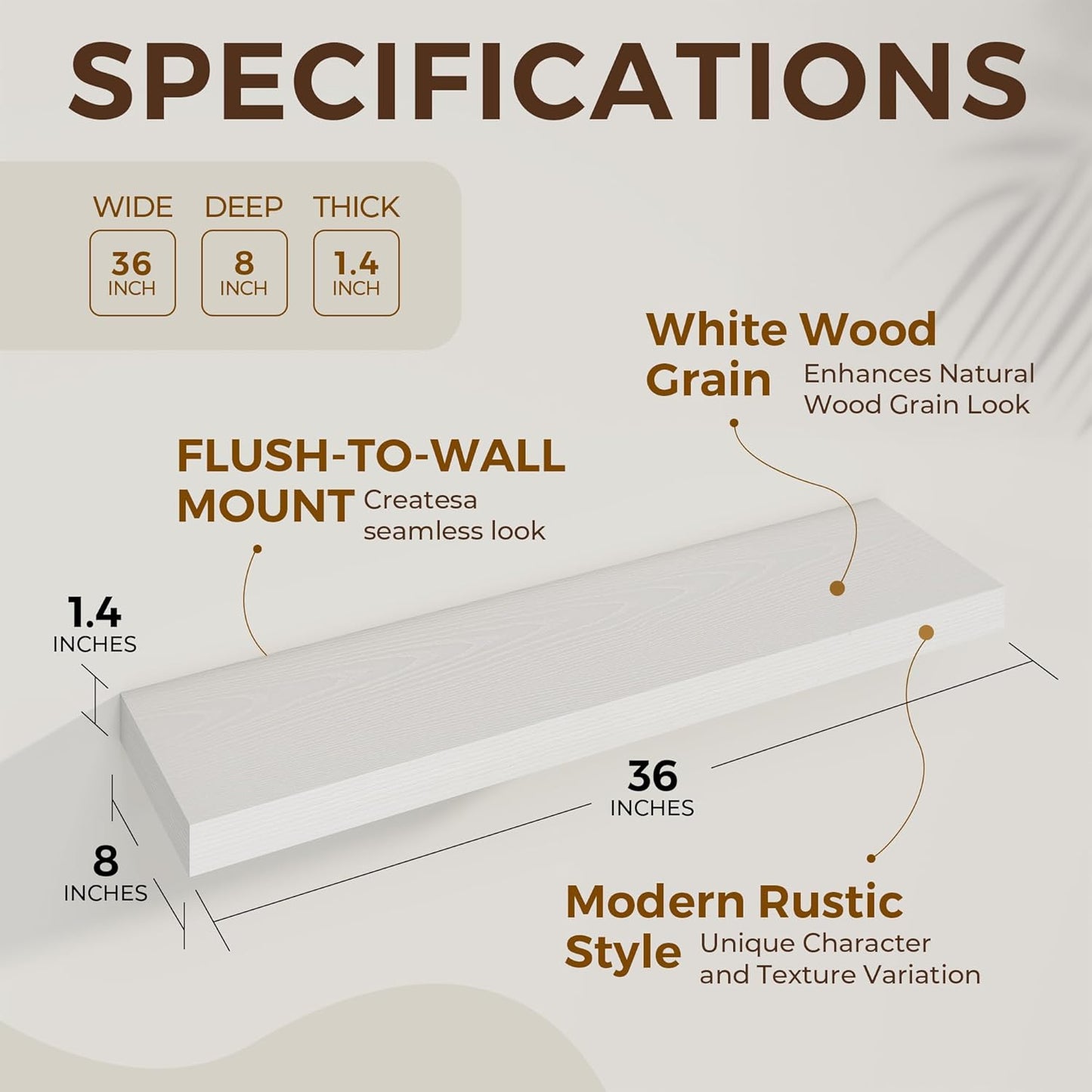 36 inch Floating Shelves Wall Shelves for Office with Invisible Brackets, 8 inch Deep Shelves for Bathroom, Living Room, Kitchen, Office, 36x7.9 inch deep Set of 2, White