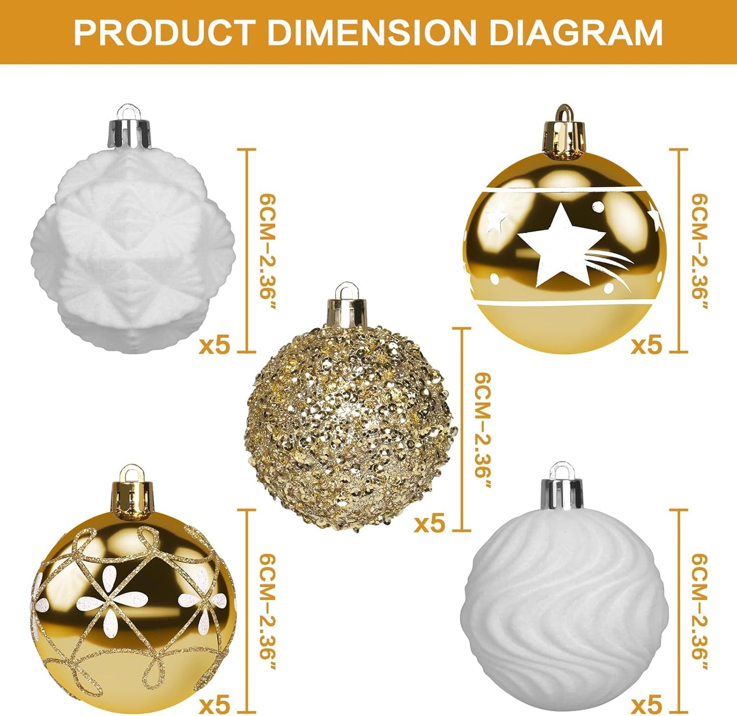 2.36In Velvet Christmas Ball Ornaments, 25PCS Gold/White Flocked Christmas Tree Hanging Decorations, for Home Holiday Wedding Indoor Xmas Party Decor.