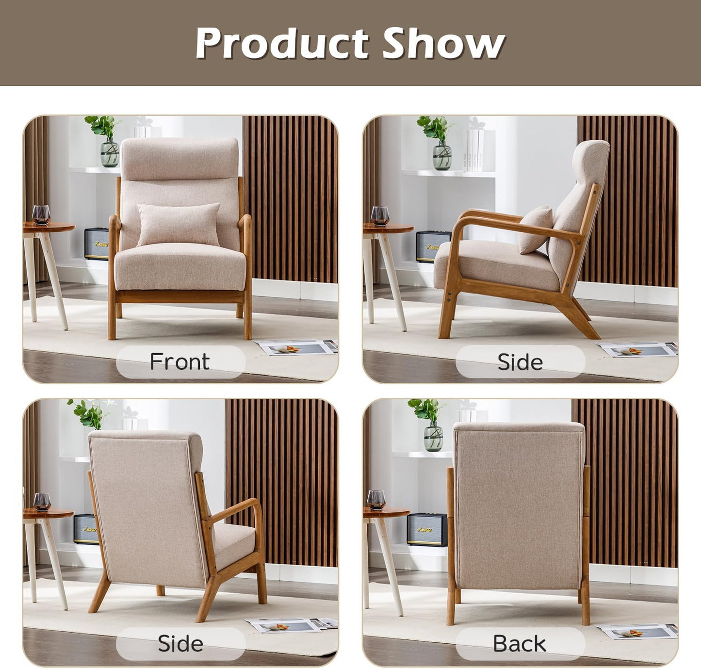 INZOY Mid Century Modern Accent Chair Set of 2, High Back Reading Armchair with Wood Frame, Upholstered Living Room Chairs with Waist Cushion, Single Lounge Arm Chair for Bedroom Sunroom, Beige