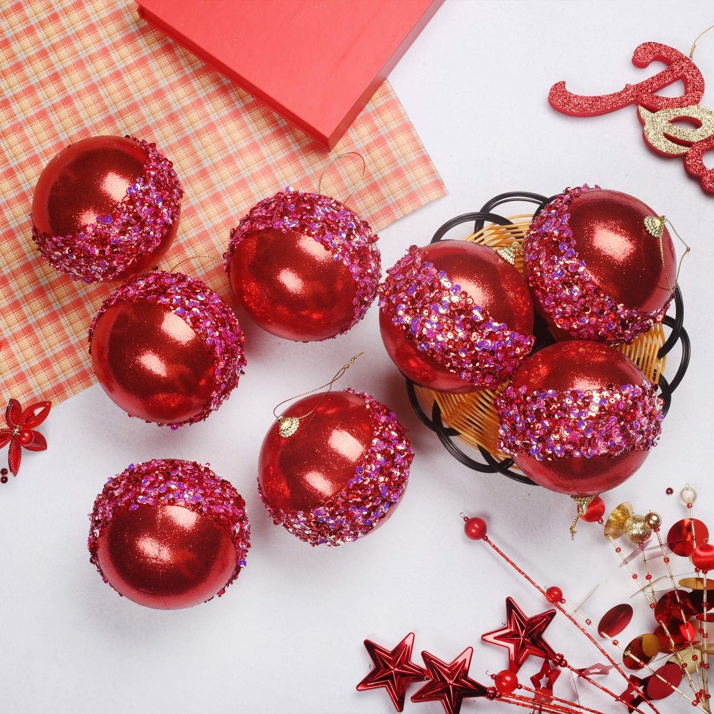 4" Christmas Ball Ornaments, 4pc Set Red Shatterproof Christmas Decorations Tree Balls for Xmas Trees Wedding Party Holiday Decorations